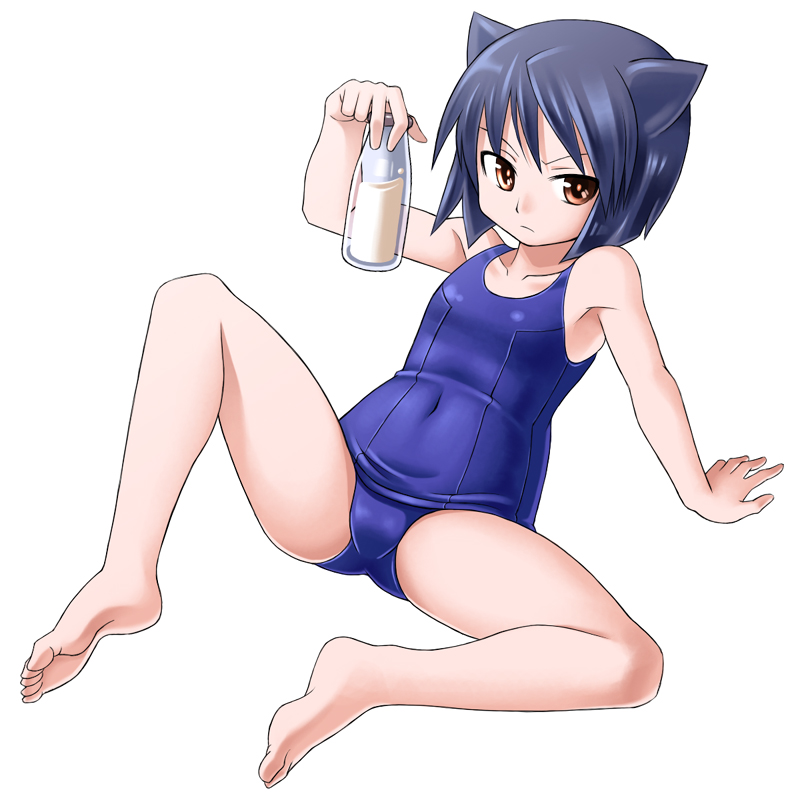 orochi itto, daidouji kira, aq interactive, arcana heart, atlus, examu, bad id, bad pixiv id, 1girl, animal ears, arm support, barefoot, blue hair, bottle, brown eyes, feet, female focus, flat chest, frown, holding, loli, milk, one-piece swimsuit, school swimsuit, short hair, sitting, soles, solo, spread legs, swimsuit, toes
