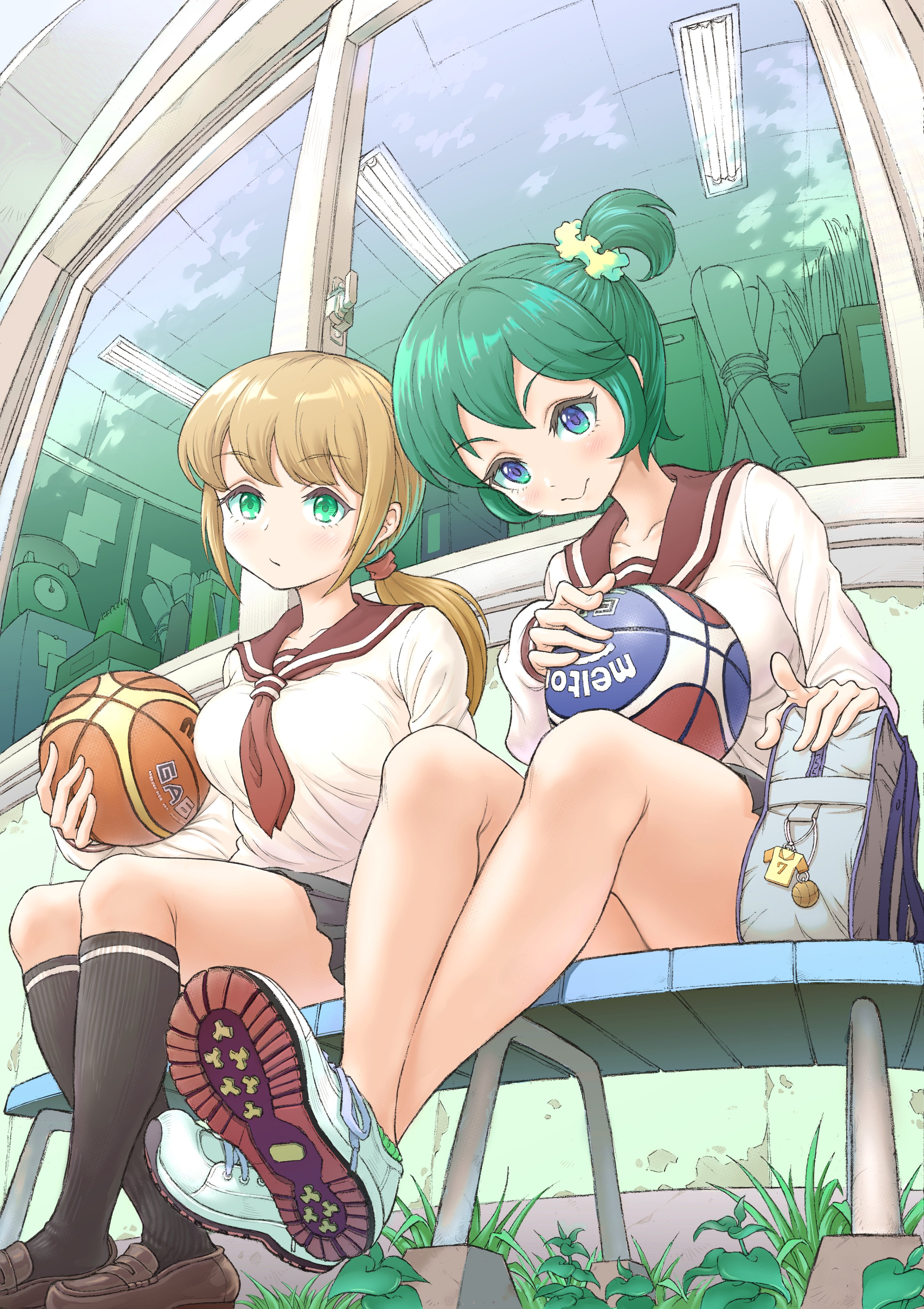 kawata yurari, nanashima asami, jikkyou powerful pro yakyuu, power pro kun pocket, power pro kun pocket 13, absurdres, highres, 2girls, bag, ball, basketball (object), black skirt, black socks, blonde hair, blue eyes, brown shoes, charm (object), closed mouth, from below, green eyes, green hair, hair ornament, hair scrunchie, holding, holding ball, kneehighs, long hair, long sleeves, low ponytail, multiple girls, necktie, on bench, one side up, pawahotel3021, ponytail, red necktie, red sailor collar, sailor collar, school bag, school uniform, scrunchie, shirt, shoe soles, shoes, short hair, skirt, socks, white shirt, white shoes, window