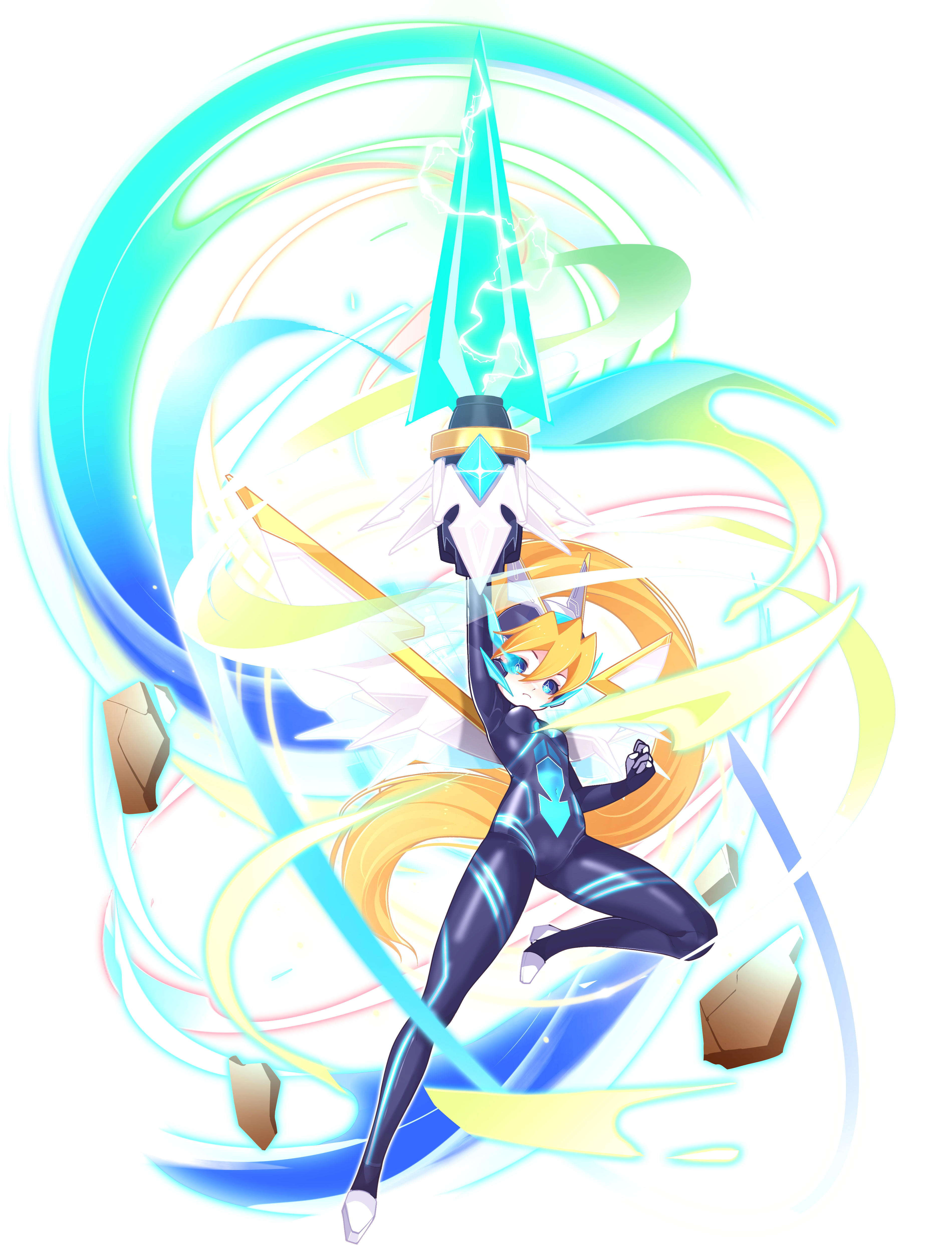 aizeis, ciel (mega man), model x (mega man), ultimate armor x (mega man), x (mega man), mega man (series), mega man zero (series), mega man zx, absurdres, highres, non-web source, 1girl, alternate costume, arm cannon, belt, blonde hair, blue eyes, bodystocking, boots, breasts, chest jewel, elbow gloves, energy, energy sword, fighting stance, forehead jewel, gauntlets, gloves, glowing, glowing eyes, halo, head wings, helmet, mask, mechanical halo, mechanical wings, no armor, petite, ponytail, small breasts, solo, sword, transparent background, weapon, wings