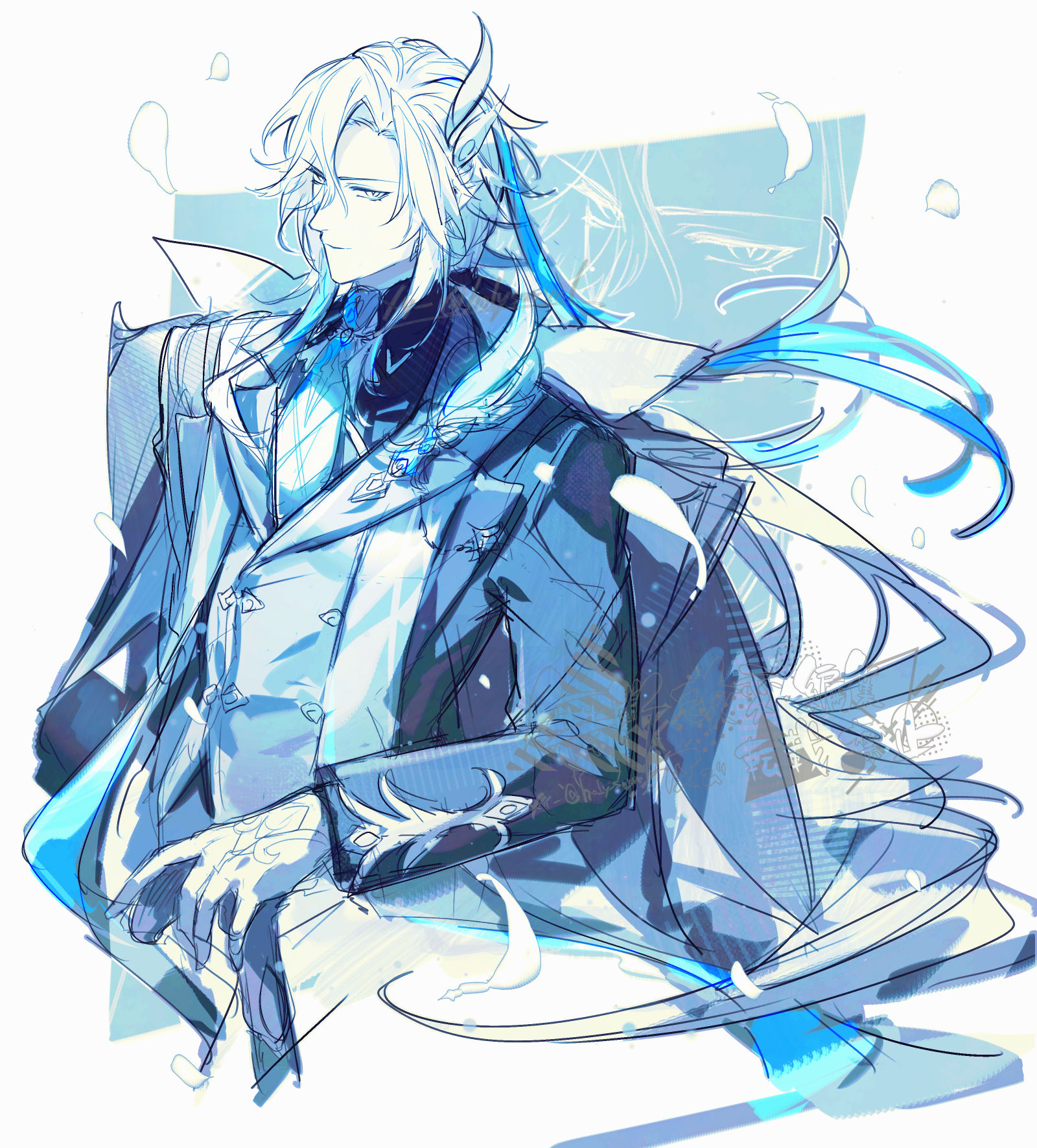 merry (secilhodoshima), neuvillette (genshin impact), genshin impact, highres, 1boy, arm up, black shirt, blue hair, closed mouth, floating hair, gloves, jacket, lapels, layered clothes, long hair, long sleeves, male focus, necktie, neuvillette (melusent gift) (genshin impact), official alternate costume, parted hair, shirt, sketch, solo, upper body, very long hair