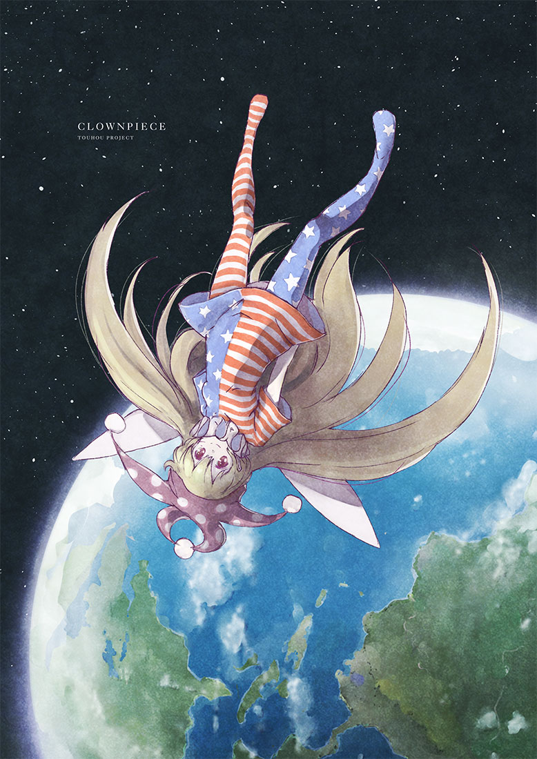 satyuas, clownpiece, touhou, revision, 1girl, american flag, american flag dress, american flag legwear, arms behind back, blonde hair, character name, copyright name, dress, earth (planet), fairy, fairy wings, floating, floating hair, frilled shirt collar, frills, hat, jester cap, long hair, neck ruff, pantyhose, pink eyes, planet, polka dot, purple hat, red eyes, short sleeves, sky, smile, solo, space, star (sky), starry sky, striped clothes, striped dress, torch, upside-down, very long hair, wings