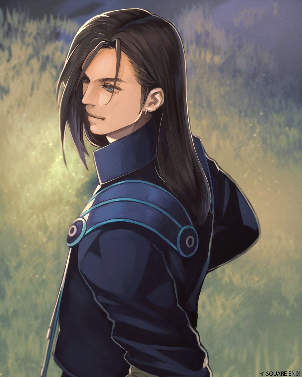 laguna loire, final fantasy, final fantasy viii, square enix, highres, official art, 1boy, black hair, blue eyes, blue jacket, closed mouth, earrings, grass, hair behind ear, jacket, jewelry, light smile, long hair, male focus, military jacket, outdoors, sideburns, solo, swept bangs