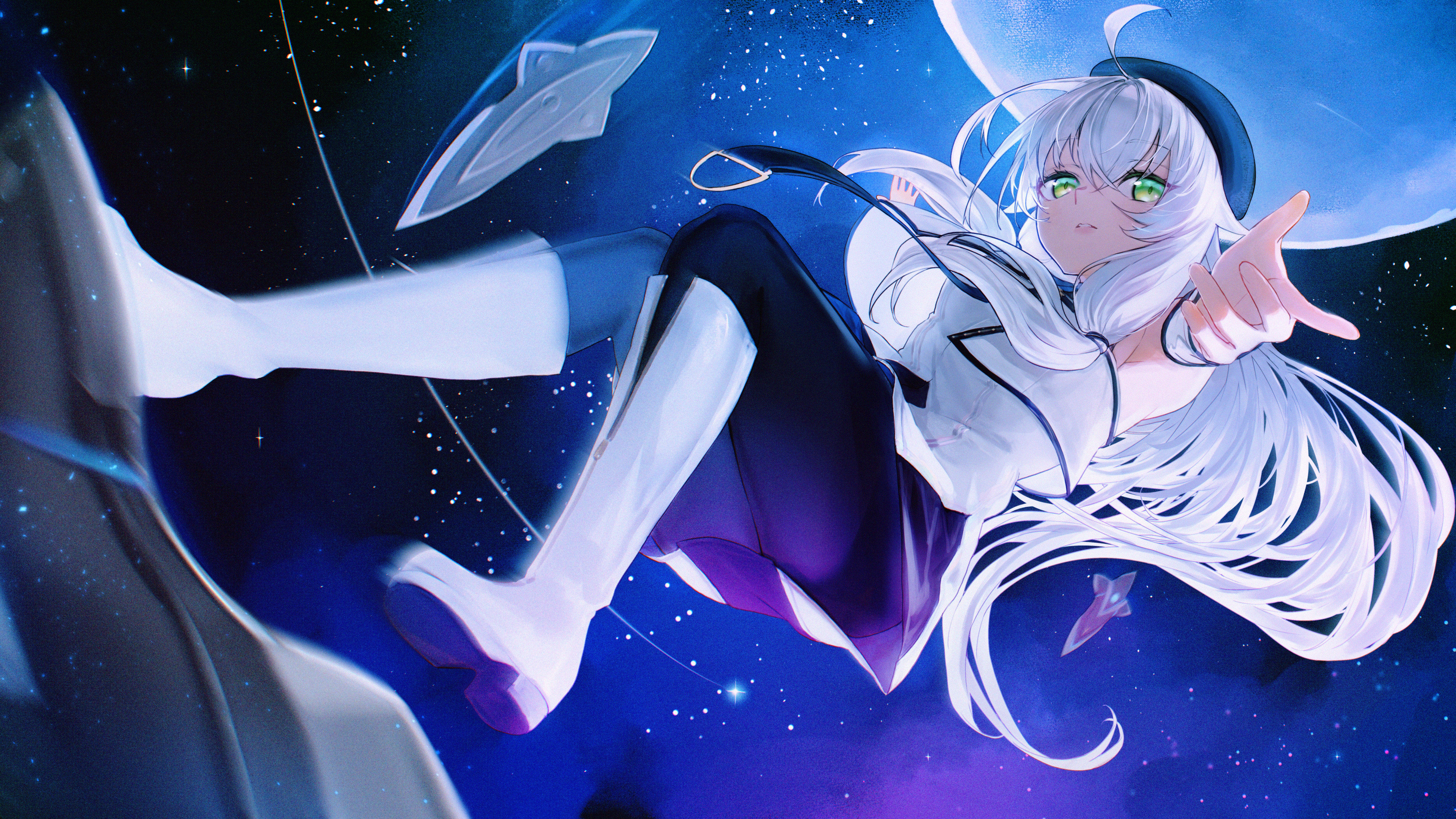 madou zakura, altina orion, eiyuu densetsu, kai no kiseki, kuro no kiseki (series), sen no kiseki, sen no kiseki (series), sen no kiseki ii, sen no kiseki iii, absurdres, highres, 1girl, beret, boots, green eyes, hat, leggings, long hair, looking at viewer, moon, night, shirt, simple background, weapon, white boots, white hair, white shirt