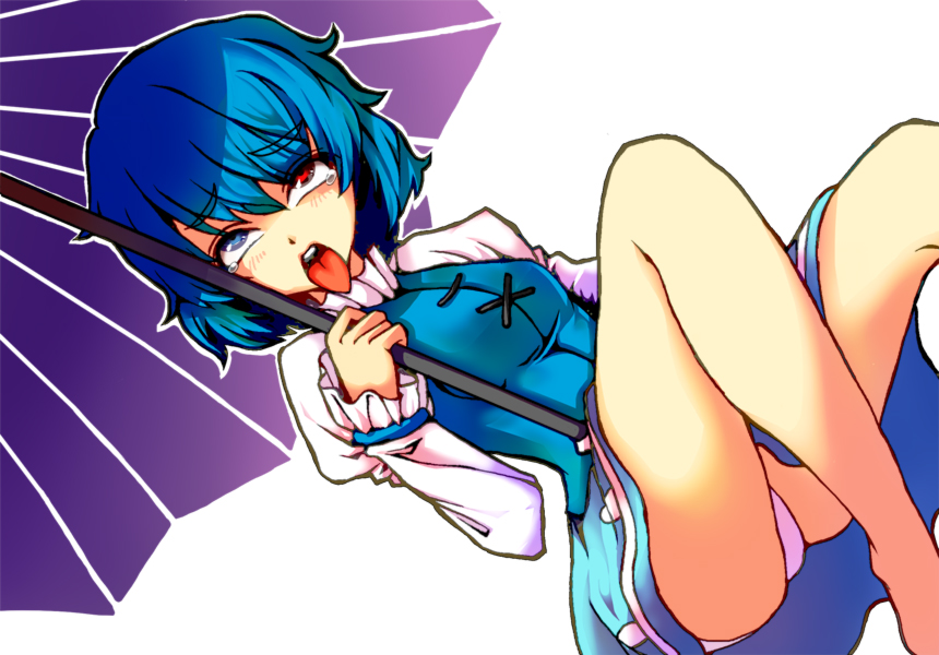 hosoi kouzou, tatara kogasa, touhou, bad id, bad pixiv id, 1girl, :p, ahegao, blue eyes, blue hair, female focus, heterochromia, karakasa obake, matching hair/eyes, panties, red eyes, short hair, solo, tongue, tongue out, umbrella, underwear