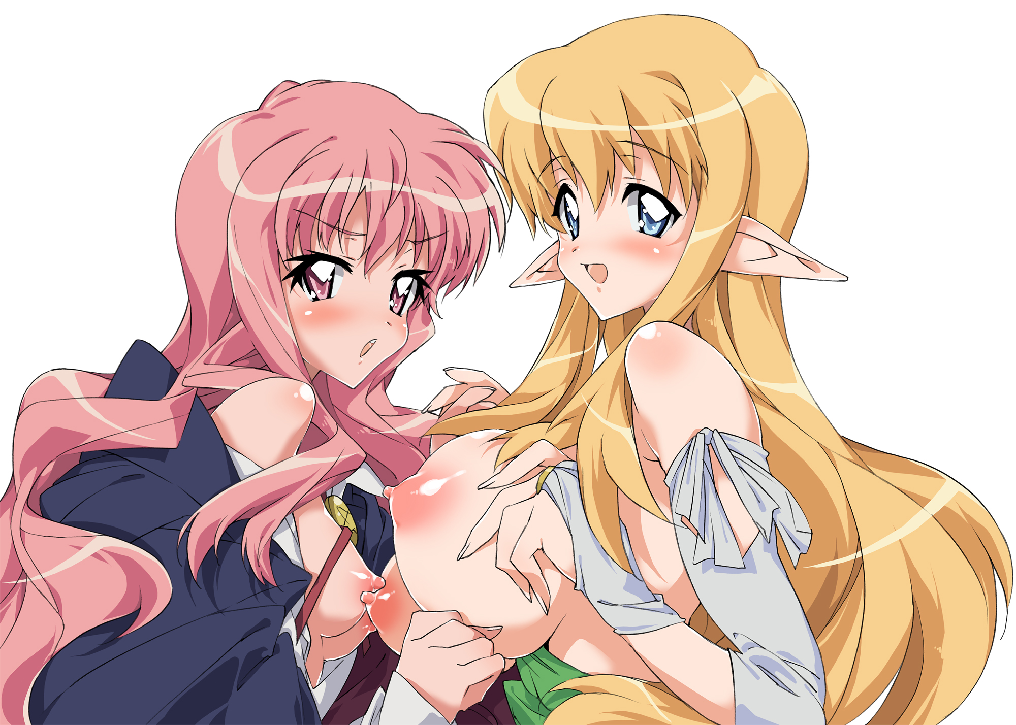 kasuga souichi, louise francoise le blanc de la valliere, tiffania westwood, zero no tsukaima, highres, 00s, 2girls, blonde hair, blue eyes, blush, breasts, bridal gauntlets, elf, huge breasts, long hair, multiple girls, pink eyes, pink hair, pointy ears