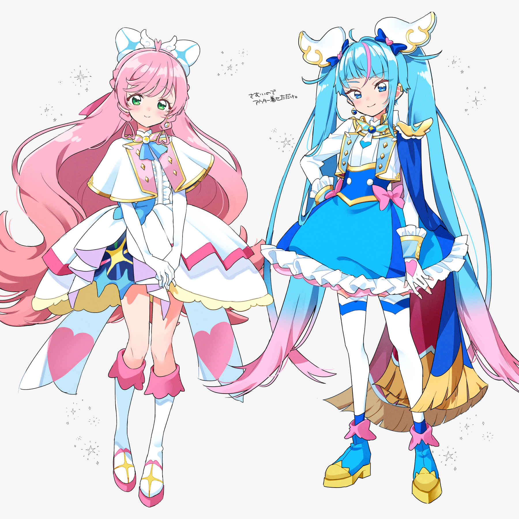 izumi kirifu, cure prism, cure sky, nijigaoka mashiro, sora harewataru, hirogaru sky! precure, precure, commentary, highres, symbol-only commentary, translated, 2girls, adapted costume, ankle boots, blue boots, blue bow, blue cape, blue dress, blue eyes, blue hair, boots, bow, braid, brooch, cape, capelet, center frills, closed mouth, crown braid, cut bangs, dress, dress bow, earclip, earrings, elbow gloves, fingerless gloves, frilled dress, frills, fringe trim, gloves, gradient hair, green eyes, grey background, hair bow, hair ornament, hand on own hip, jacket, jewelry, knee boots, layered dress, long hair, looking at viewer, magical girl, medium dress, mismatched earrings, multicolored hair, multiple girls, pink bow, pink hair, red cape, short dress, side braids, simple background, single earring, single sidelock, smile, standing, streaked hair, thighhighs, twintails, two-tone dress, two-tone hair, very long hair, white boots, white bow, white capelet, white dress, white gloves, white jacket, white thighhighs, wing brooch, wing hair ornament