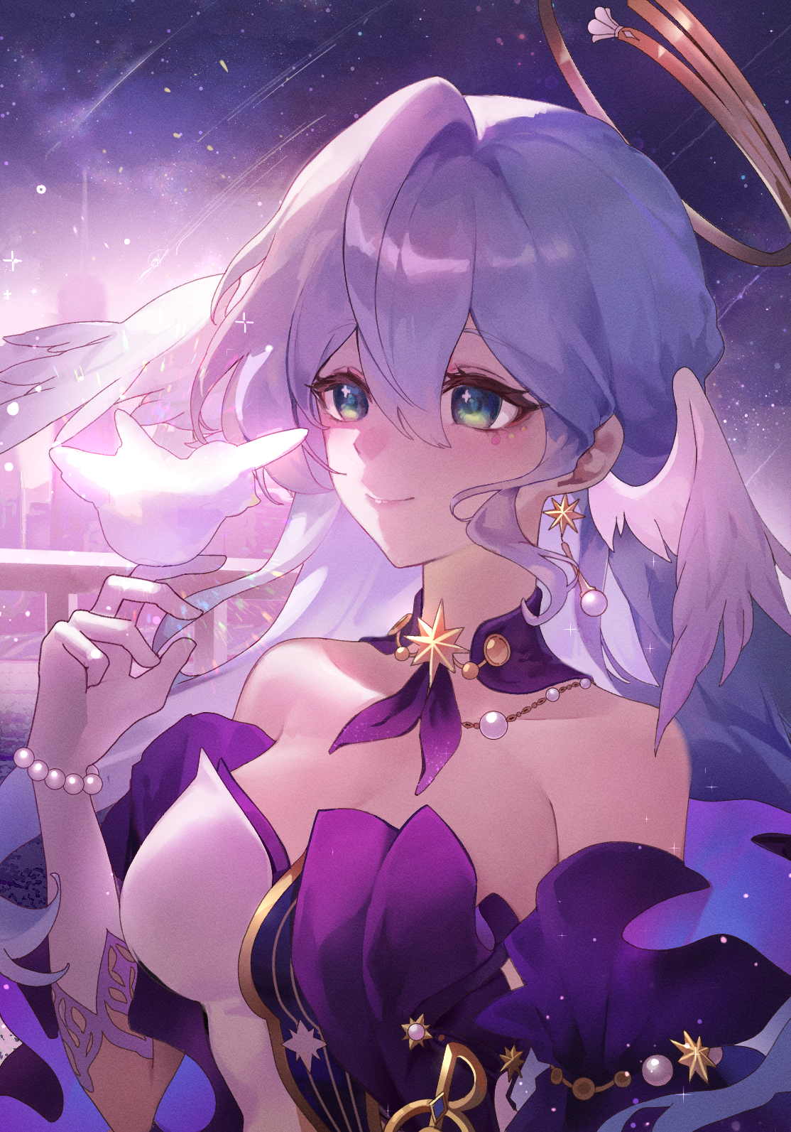 robin (honkai: star rail), honkai: star rail, honkai (series), commentary request, highres, 1girl, animal ears, bird, bird on hand, breasts, closed mouth, detached sleeves, dress, feathered wings, gloves, green eyes, halo, head wings, jewelry, long hair, looking at another, medium breasts, outdoors, purple hair, sky, smile, solo, star (sky), starry sky, strapless, strapless dress, upper body, user vddc8488, very long hair, white bird, white gloves, white wings, wings, yellow halo