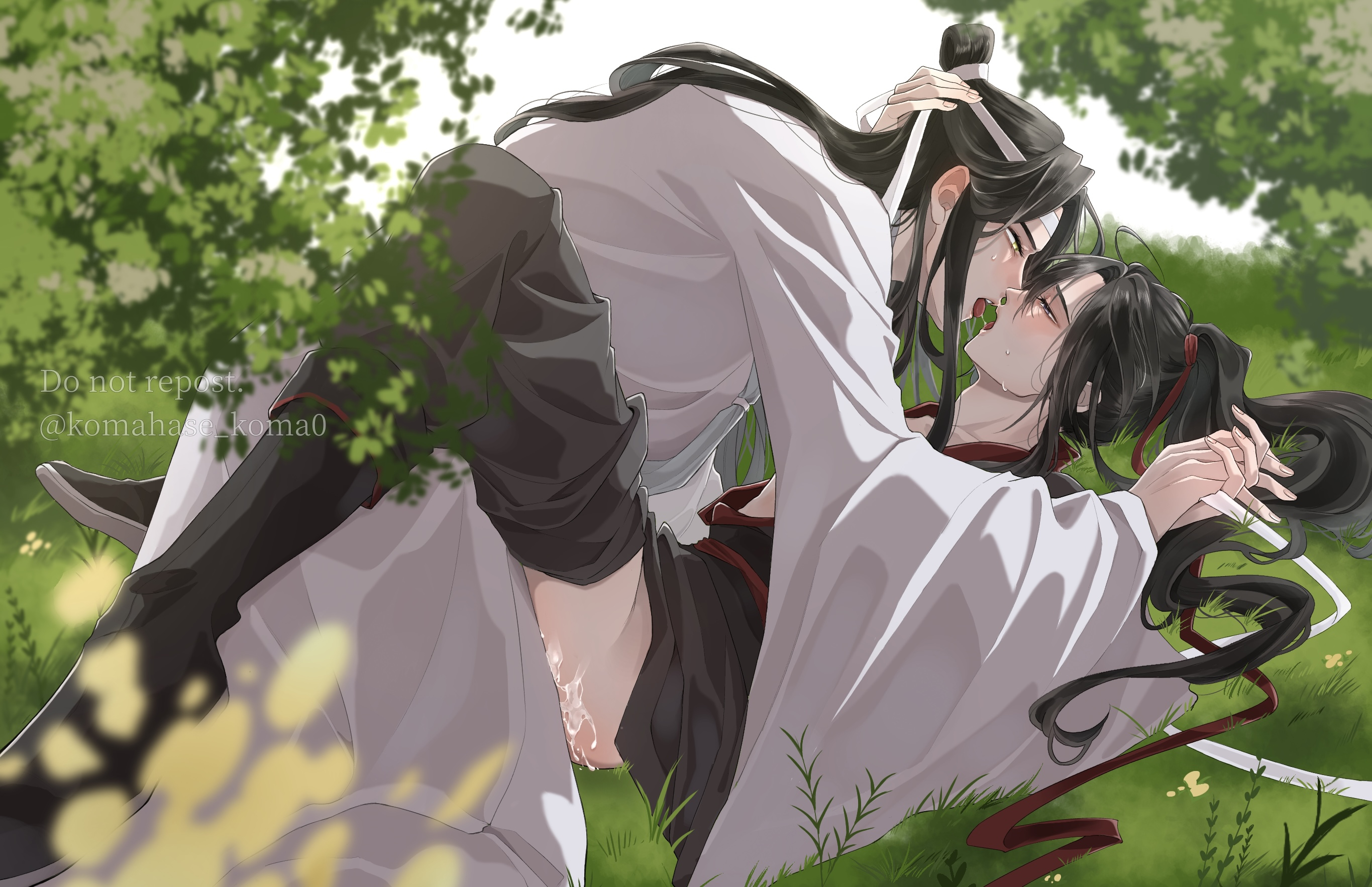 lan wangji, wei wuxian, modao zushi, highres, 2boys, ahoge, anal, black boots, black hair, black hanfu, black pants, blurry, blurry foreground, blush, boots, chinese clothes, closed eyes, clothed sex, clothes pull, cum, cum on ass, cum on body, cum on male, eye contact, french kiss, grass, hair ribbon, hand on another's head, hanfu, headband, holding hands, implied sex, interlocked fingers, kiss, kneeling, koma hase, leaf, leg lock, long hair, long sleeves, looking at another, lying, male focus, missionary, multiple boys, on back, on grass, open clothes, open mouth, open robe, outdoors, pants, pants pull, penis, ponytail, profile, purple eyes, red ribbon, ribbon, robe, saliva, saliva trail, sex, sidelocks, sweat, tongue, tongue out, topknot, tree, twitter username, watermark, white hanfu, white headband, wide sleeves, yaoi, yellow eyes