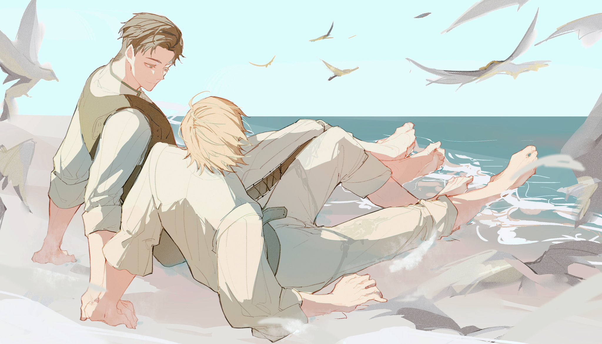 gigantickim ff, dion lesage, terrence (ff16), final fantasy, final fantasy xvi, highres, 2boys, barefoot, bird, blonde hair, brown hair, full body, holding hands, leaning back, looking at another, male focus, multiple boys, ocean, outdoors, pants, pants rolled up, shirt, short hair, white pants, white shirt