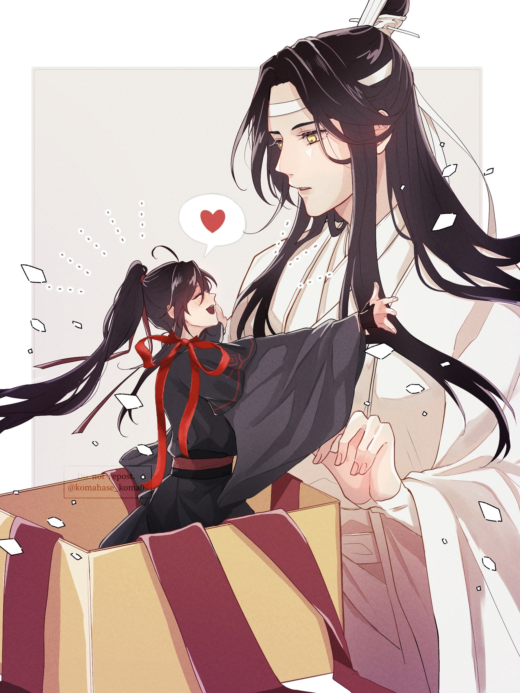 lan wangji, wei wuxian, modao zushi, highres, 2boys, ahoge, black hair, black hanfu, box, chinese clothes, closed eyes, confetti, couple, gift, gift box, hair ribbon, hanfu, headband, heart, high ponytail, hug, in box, in container, koma hase, long hair, long sleeves, looking at another, male focus, mini person, miniboy, multiple boys, notice lines, open box, open mouth, outstretched arms, parted lips, ponytail, red ribbon, red sash, ribbon, robe, sash, sidelocks, sitting, smile, speech bubble, spoken heart, topknot, twitter username, watermark, white hanfu, white headband, wide sleeves, xiao guan (headdress), yaoi, yellow eyes