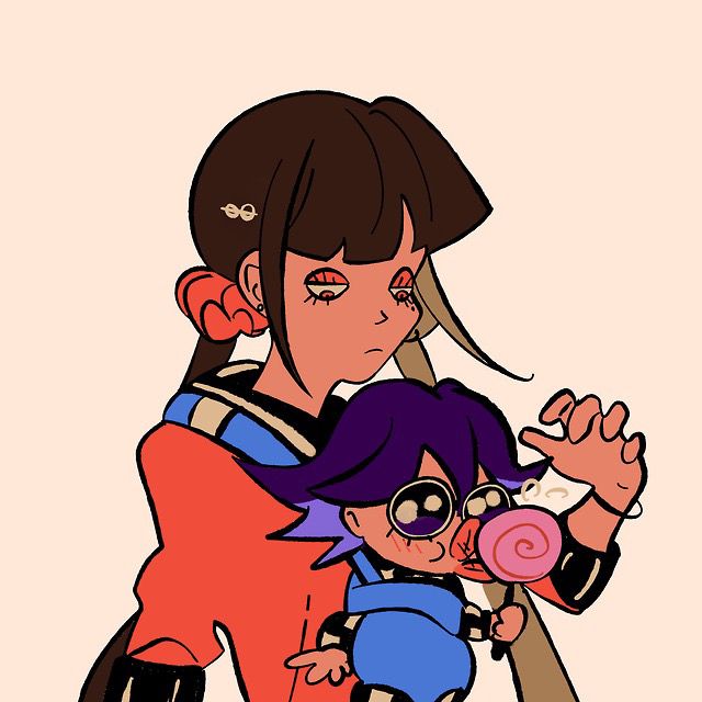 harukawa maki, oma kokichi, danganronpa (series), danganronpa v3: killing harmony, artist request, third-party source, 1boy, 1girl, aged down, baby, baby carrier, brown hair, candy, checkered clothes, earrings, food, hair ornament, hairclip, jewelry, licking food, lollipop, purple hair, red shirt, shirt, tongue, tongue out, twintails, very big eyes