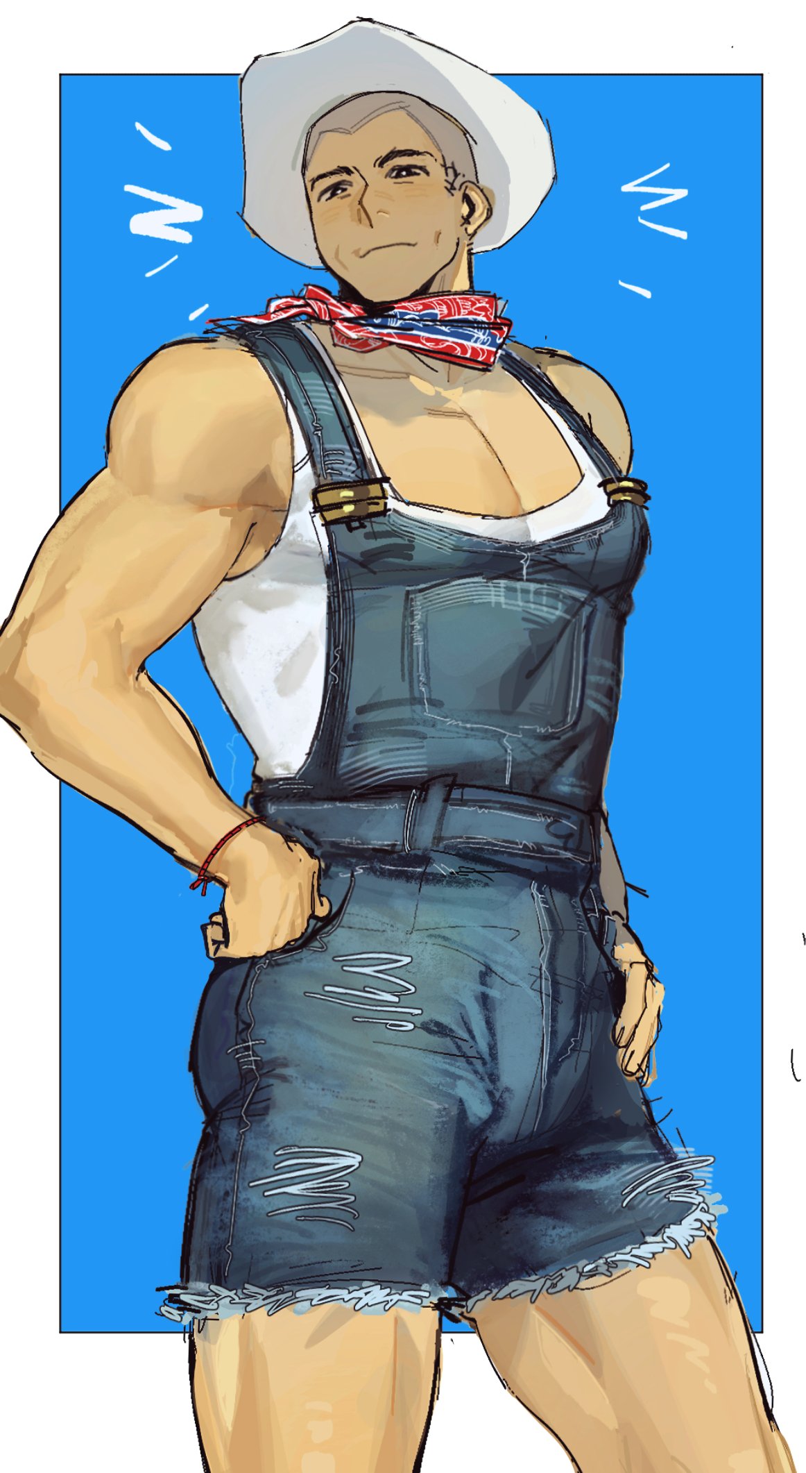 kung lao, mortal kombat (series), highres, 1boy, alternate costume, blue overalls, buzz cut, closed mouth, cowboy hat, enopth1102, hands on own hips, hat, looking at viewer, male focus, muscular, muscular male, neckerchief, notice lines, overall shorts, overalls, pectoral cleavage, pectorals, short hair, smile, solo, tank top, undershirt, very short hair, white hat, white tank top