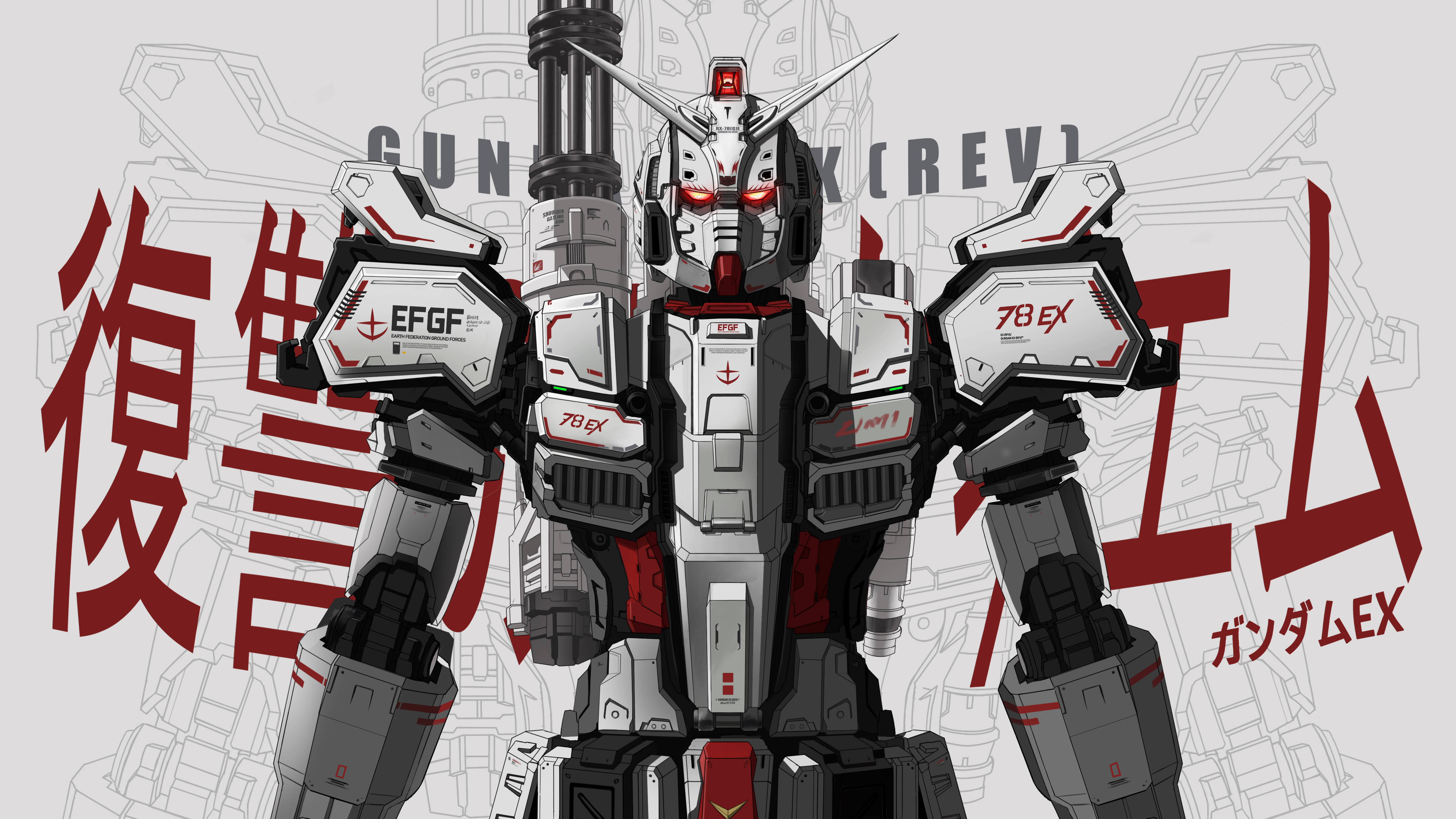 denh, gundam ex, gundam, gundam requiem for vengeance, absurdres, chinese commentary, commentary request, highres, arms at sides, character name, earth federation, gatling gun, glowing, glowing eyes, looking at viewer, mecha, mecha focus, mobile suit, no humans, red eyes, robot, science fiction, solo, straight-on, upper body, v-fin
