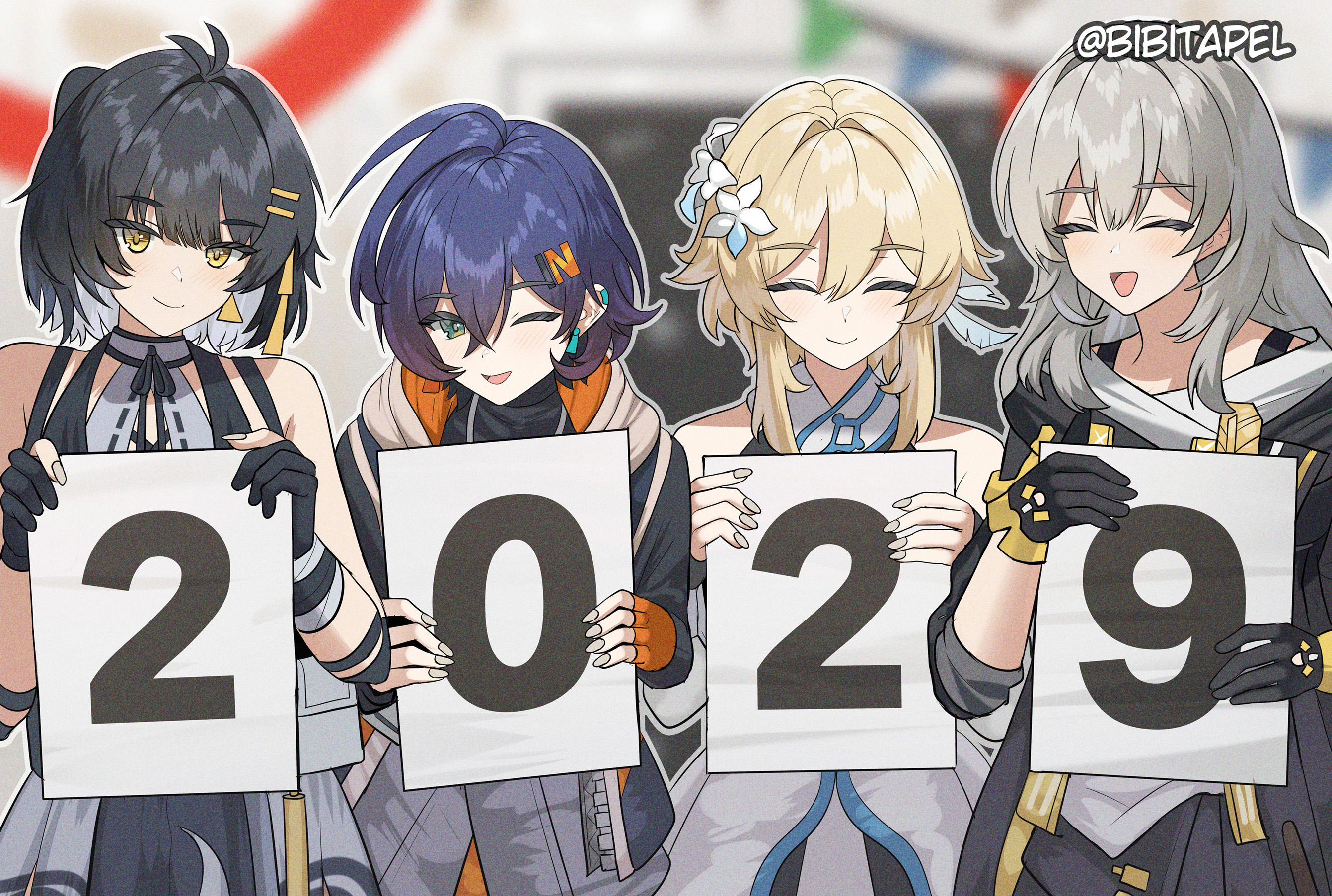 bibitapel, belle (zenless zone zero), female rover (wuthering waves), lumine (genshin impact), rover (wuthering waves), stelle (honkai: star rail), trailblazer (honkai: star rail), genshin impact, honkai: star rail, honkai (series), wuthering waves, zenless zone zero, commentary, highres, 2029, 4girls, bare shoulders, black coat, black gloves, black hair, blue hair, closed eyes, closed mouth, coat, crossover, earrings, facing viewer, failure, fingerless gloves, flower, gloves, green eyes, grey hair, hair between eyes, hair flower, hair ornament, hairclip, holding, hood, hooded jacket, jacket, jewelry, letter hair ornament, long hair, looking at viewer, multiple girls, one eye closed, open clothes, open coat, open mouth, orange gloves, parallel hairclips, partially fingerless gloves, short hair, single glove, smile, trait connection, twitter username, yellow eyes