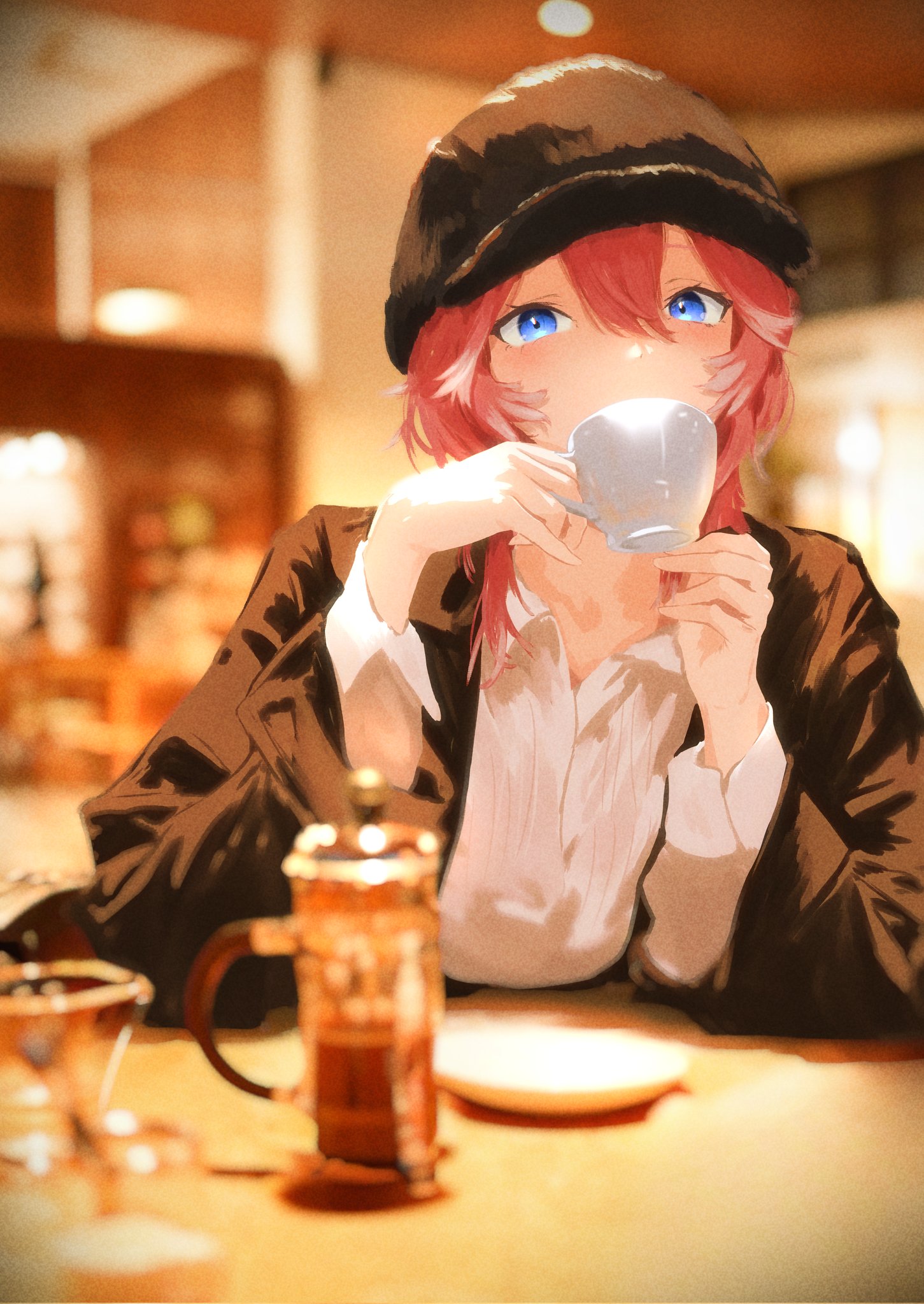 cohi27151463, takane lui, hololive, highres, 1girl, alternate costume, blue eyes, brown coat, brown hat, coat, covered mouth, cup, drinking, hair between eyes, hat, head wings, holding, holding cup, looking at viewer, pink hair, shirt, short hair, solo, teacup, virtual youtuber, white shirt, wings