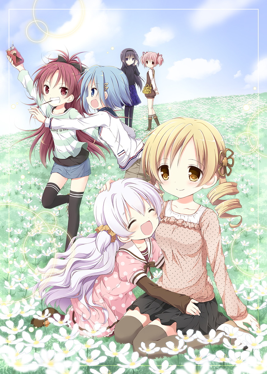 nanase miori, akemi homura, kaname madoka, miki sayaka, momoe nagisa, sakura kyoko, tomoe mami, mahou shoujo madoka magica, mahou shoujo madoka magica: hangyaku no monogatari, highres, revision, 6+girls, arm up, arms behind back, black hair, black hairband, black pantyhose, black shirt, black skirt, black thighhighs, blonde hair, blue eyes, blue hair, blue skirt, blush, bow, bowtie, box, brown bow, brown bowtie, brown dress, brown shoes, brown sleeves, brown thighhighs, cargo pants, casual, clothes writing, cloud, day, dress, drill hair, english text, field, flower, flower field, food, food in mouth, grass, grin, hair flower, hair ornament, hair ribbon, hair scrunchie, hairband, hairclip, hand on another's head, holding, holding box, hug, kneeling, long hair, long sleeves, multiple girls, open mouth, orange scrunchie, outdoors, pants, pantyhose, pink dress, pink hair, pleated skirt, pocky, polka dot, polka dot dress, polka dot shirt, red ribbon, ribbon, sailor collar, scrunchie, shirt, shoes, short hair, short sleeves, skirt, smile, standing, standing on one leg, striped clothes, striped shirt, thighhighs, title, twin drills, two side up, white flower, white hair, white shirt