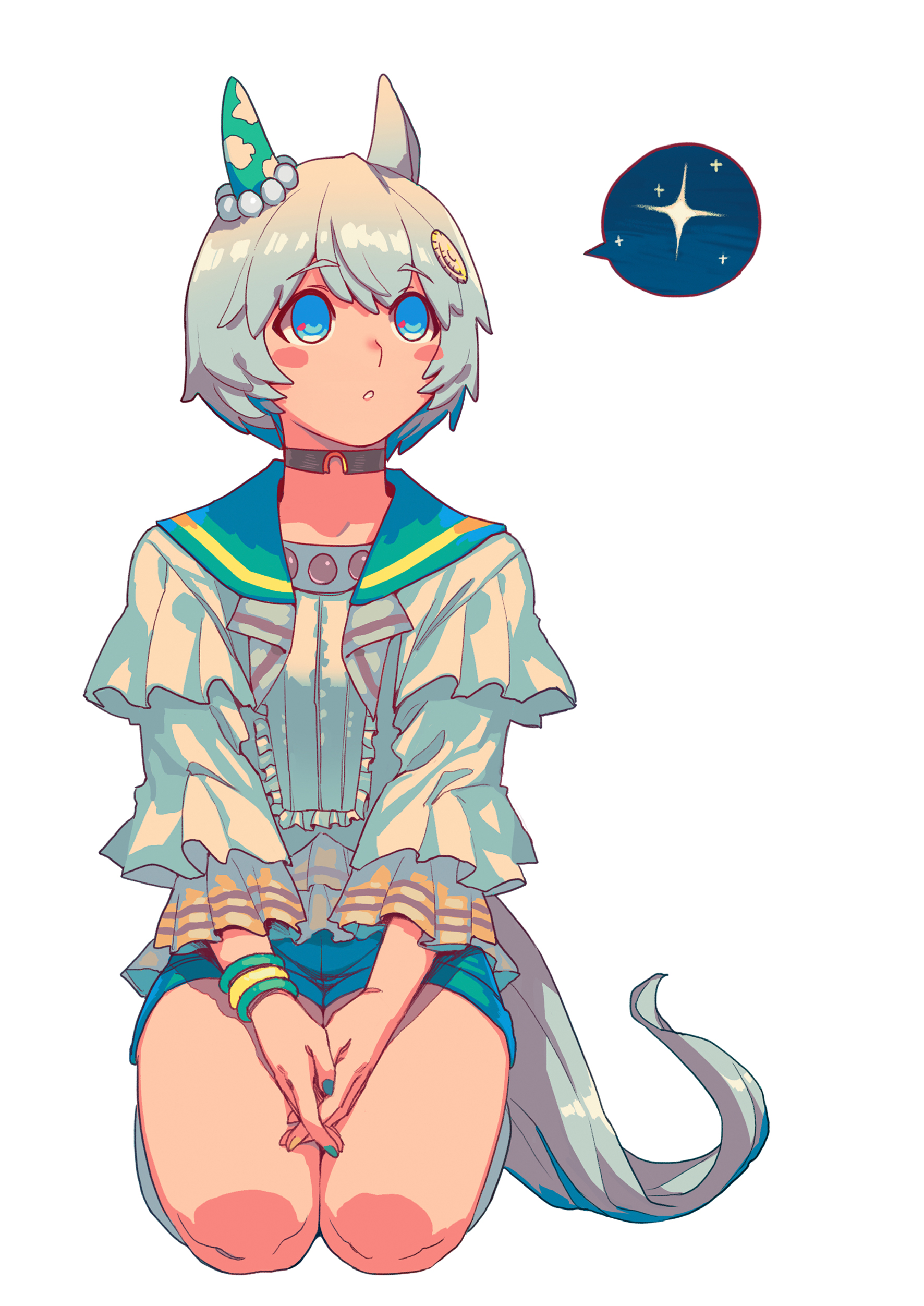 sungwon, seiun sky (reeling in the big one) (umamusume), seiun sky (umamusume), umamusume, absurdres, highres, revision, 1girl, animal ears, bracelet, choker, hair between eyes, horse ears, horse girl, horse tail, jewelry, nail polish, parted lips, seiza, short hair, shorts, simple background, sitting, solo, speech bubble, tail, teeth, white background