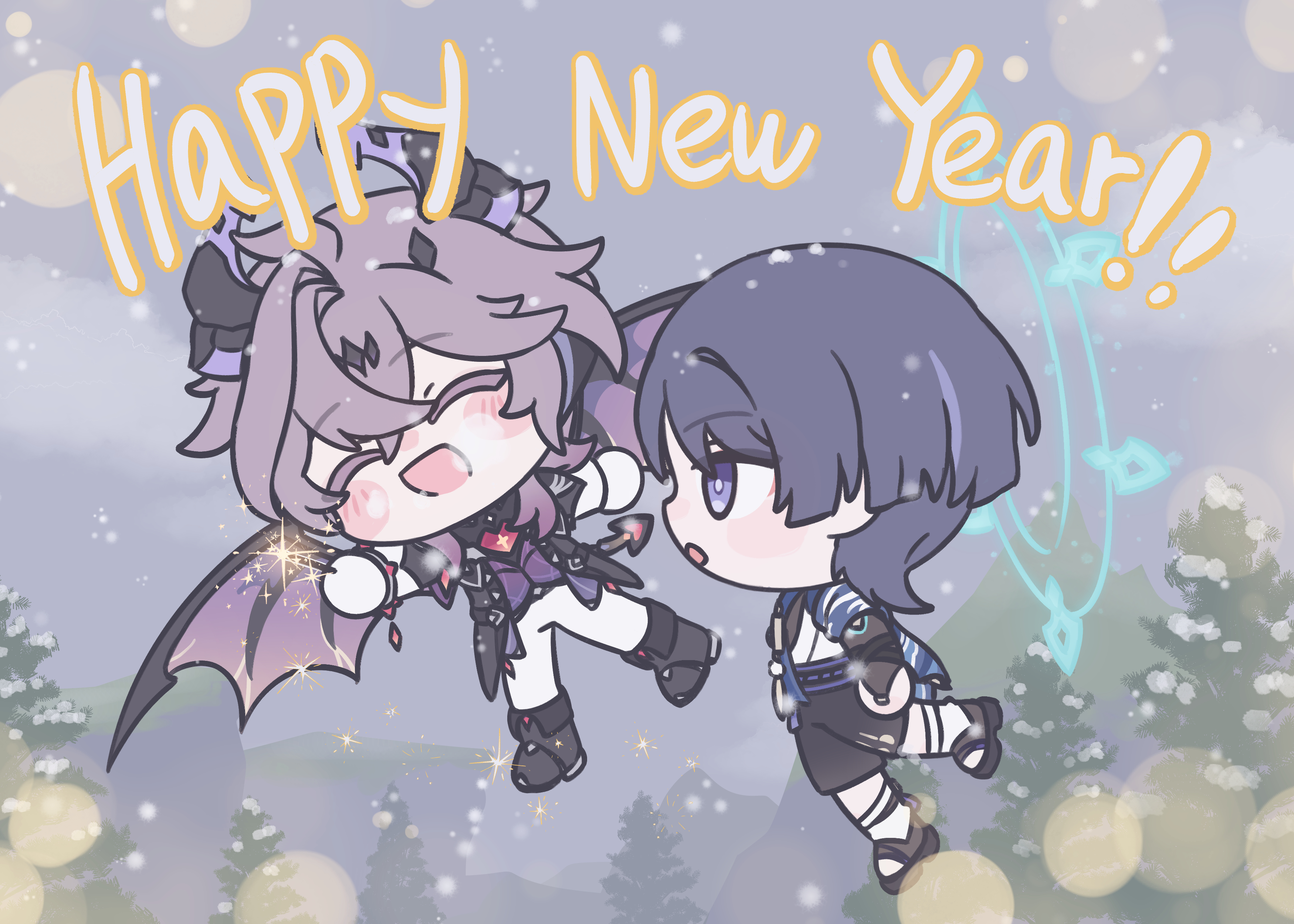 durin (genshin impact), scaramouche (genshin impact), wanderer (genshin impact), genshin impact, absurdres, highres, 2boys, :d, chibi, closed eyes, dragon boy, dragon horns, dragon tail, dragon wings, flying, gloves, happy new year, horns, ideal owo, male focus, multiple boys, new year, open mouth, purple hair, smile, tail, white gloves, wings