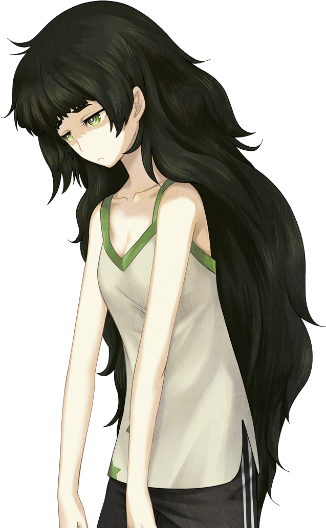 huke, hiyajou maho, science adventure, steins;gate, steins;gate 0, game cg, non-web source, official art, 1girl, armband, bare shoulders, black shorts, blunt bangs, breasts, cleavage, collar, collarbone, flat chest, green armband, green collar, green eyes, green hair, green trim, light frown, long hair, looking ahead, messy hair, narrowed eyes, partially shaded face, shorts, slouching, solo, sprite, star (symbol), star print, striped clothes, striped shorts, tank top, transparent background, very long hair