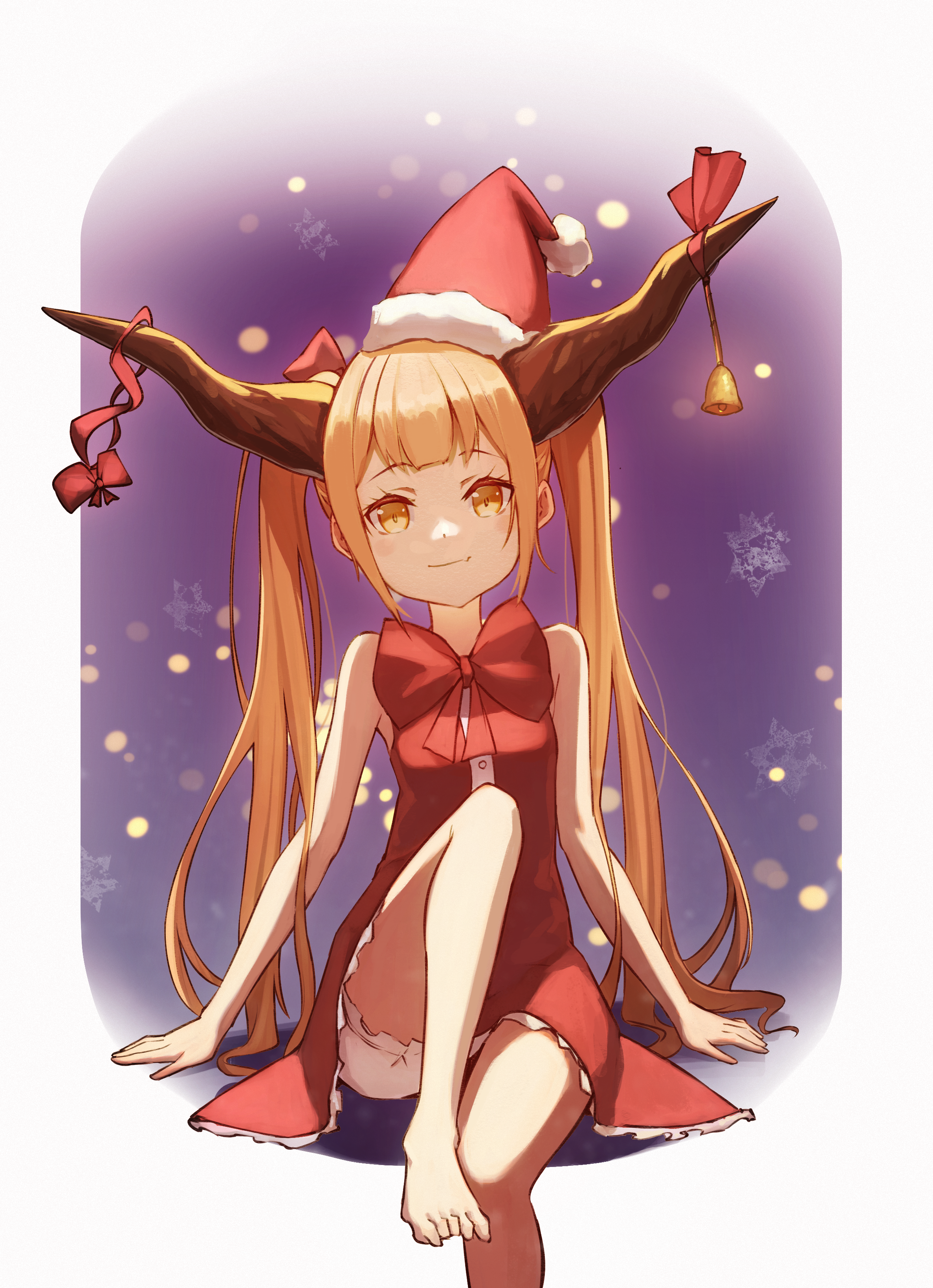 oeyama, ibuki suika, touhou, absurdres, highres, revision, 1girl, alternate hairstyle, bare shoulders, barefoot, bell, blonde hair, blue background, blush, border, bow, bowtie, breasts, brown eyes, buttons, closed mouth, dress, fang, gradient background, hair ribbon, hat, horns, long hair, medium breasts, oni, orange hair, pom pom (clothes), purple background, red bow, red bowtie, red dress, red hat, red ribbon, ribbon, shadow, shorts, sitting, sleeveless, sleeveless dress, smile, snowflakes, solo, twintails, white background, white border, white shorts, yellow eyes