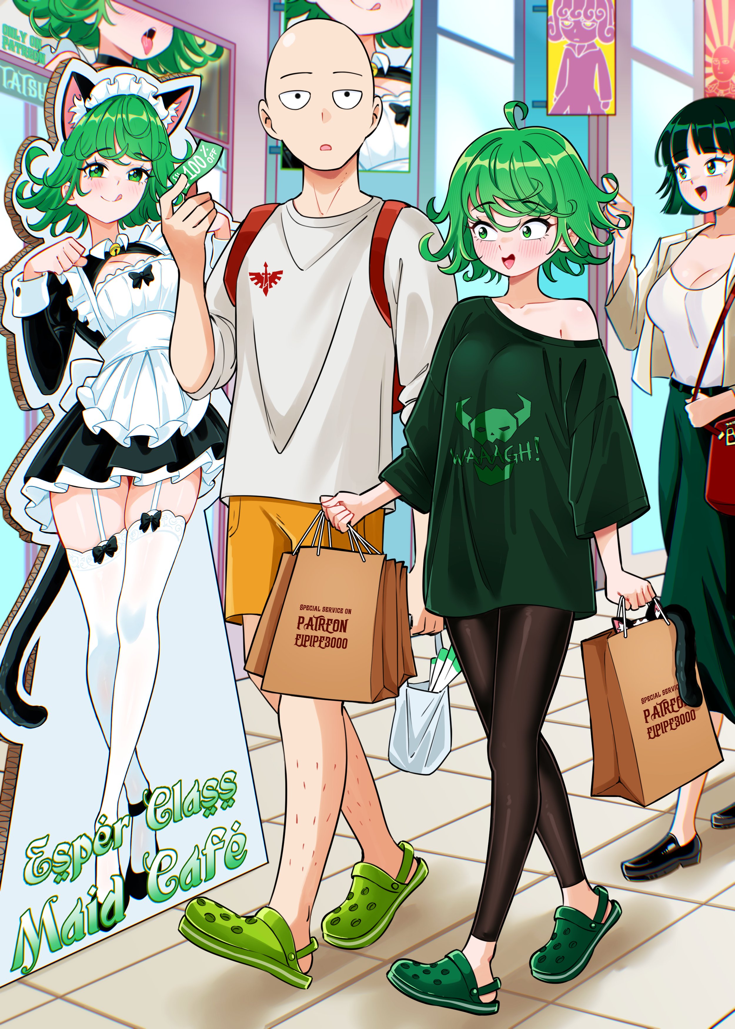 elpipe 3000, fubuki (one-punch man), saitama (one-punch man), tatsumaki, one-punch man, absurdres, highres, 2girls, apron, black hair, bob cut, breasts, dress, frills, green eyes, green hair, large breasts, long hair, looking at viewer, maid, maid headdress, multiple girls, open mouth, short hair, siblings, sisters, smile, thighhighs, white apron