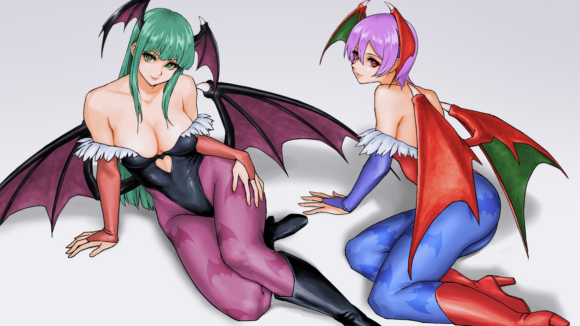 x chitch, lilith (darkstalkers), morrigan aensland, darkstalkers, highres, 2girls, animal print, ass, bare shoulders, bat print, black boots, black leotard, blue bridal gauntlets, blue pantyhose, boots, breasts, bridal gauntlets, closed mouth, clothing cutout, collarbone, cutout above navel, demon girl, demon wings, green eyes, green hair, grey background, head wings, heart cutout, high heel boots, high heels, large breasts, leotard, long hair, multiple girls, multiple wings, pantyhose, pink bridal gauntlets, print pantyhose, purple hair, purple pantyhose, red boots, red eyes, red leotard, short hair, simple background, small breasts, wings