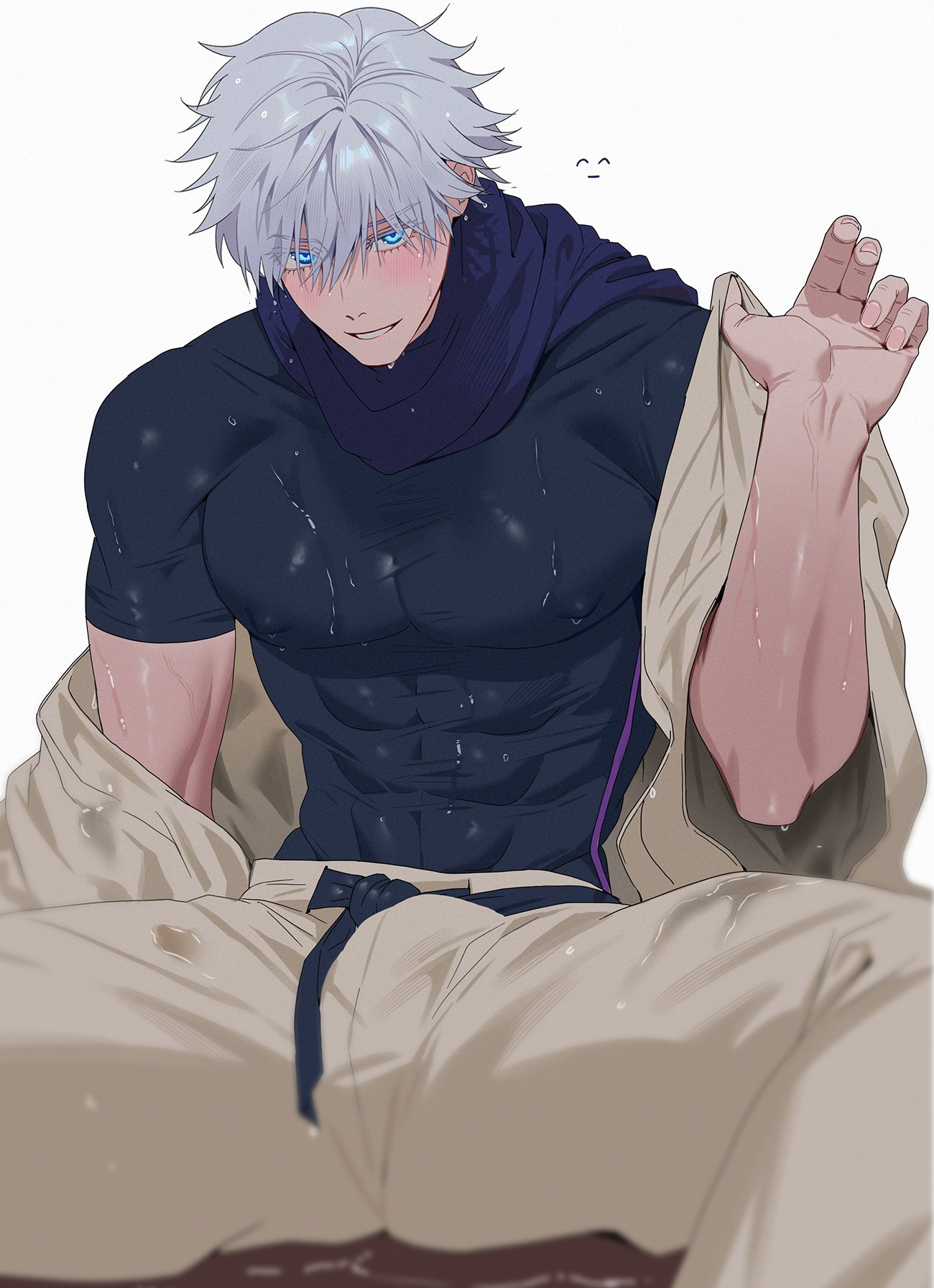 yoma 0 0, gojou satoru, jujutsu kaisen, commentary request, highres, korean commentary, 1boy, baggy pants, blue eyes, blush, bulge, compression shirt, covered abs, covered erect nipples, covered pectorals, looking at viewer, male focus, pants, pectorals, scarf, short hair, solo, sweat, white hair