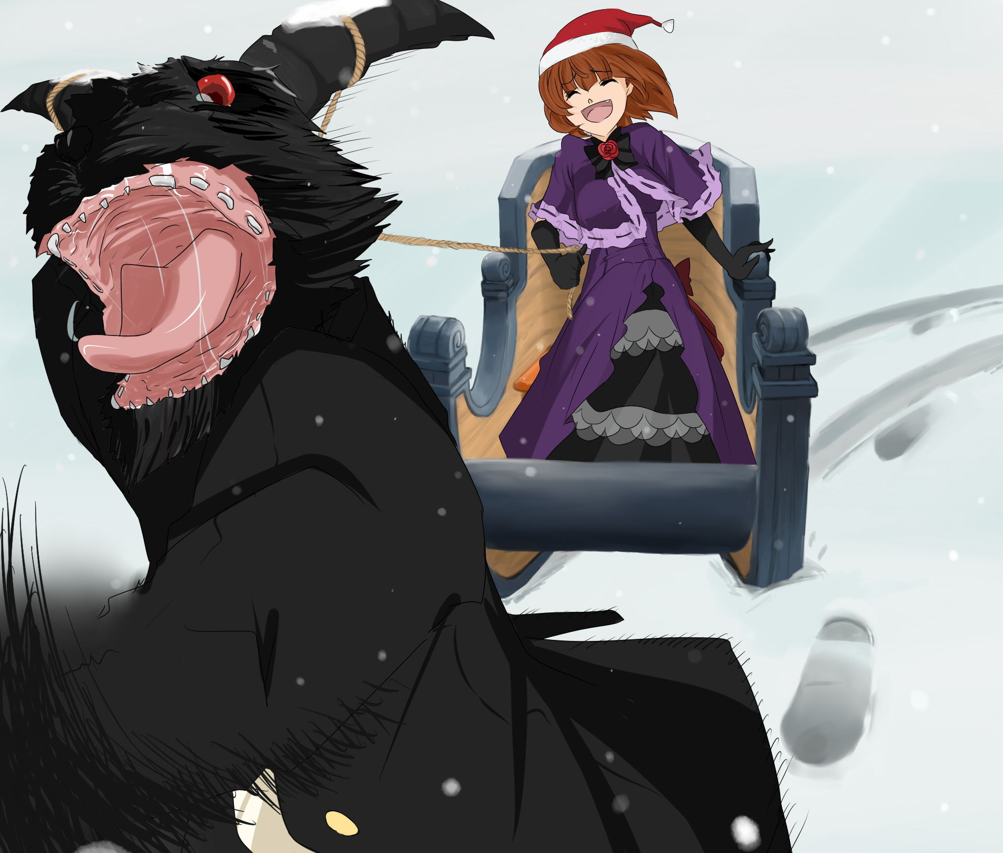 nikuzaiku, eva beatrice, goatman (umineko), 07th expansion, no naku koro ni (series), umineko no naku koro ni, bad id, bad pixiv id, highres, 00s, 1boy, 1girl, black gloves, bow, christmas, closed eyes, dress, elbow gloves, flower, gloves, hat, monster, orange hair, red eyes, rose, santa hat, sleigh, snow