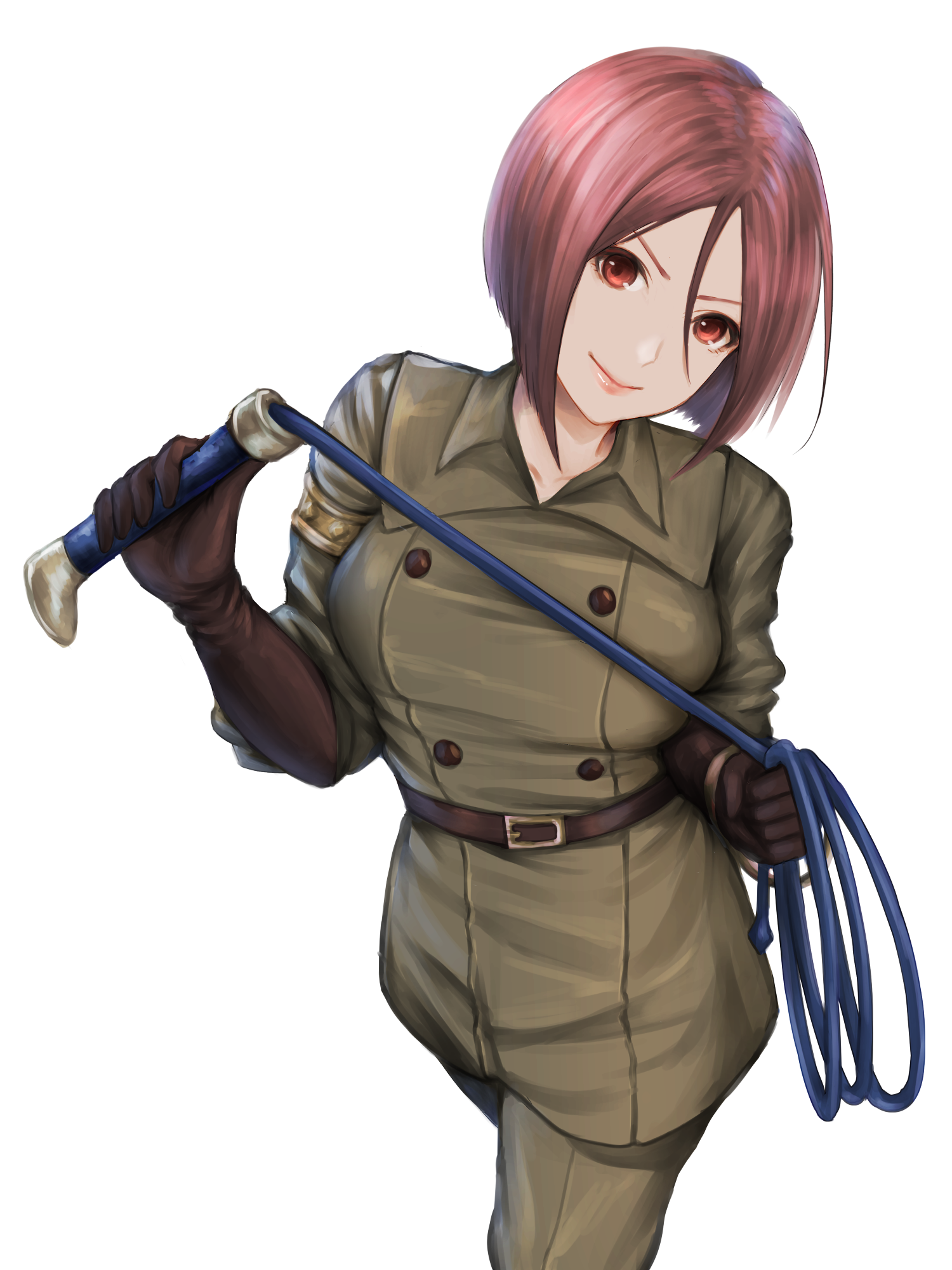 kurone rinka, whip (kof), the king of fighters, highres, revision, 1girl, belt, belt buckle, bob cut, breasts, brown belt, brown eyes, brown hair, buckle, buttons, closed mouth, collarbone, gloves, holding, holding whip, looking at viewer, military, military uniform, no choker, short hair, simple background, solo, whip, white background