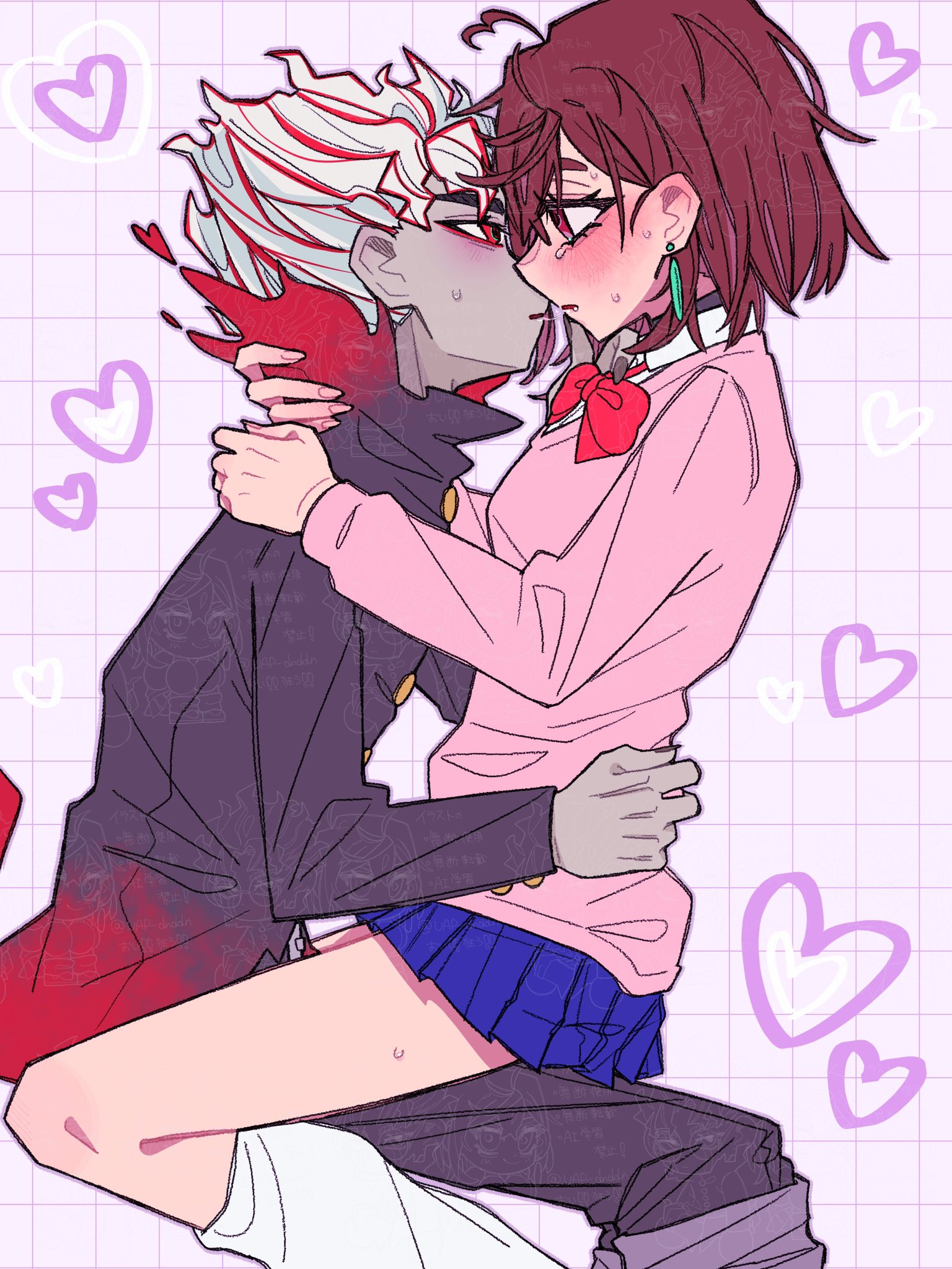 ayase momo, takakura ken (dandadan), takakura ken (transformed) (dandadan), dandadan, highres, 1boy, 1girl, ahoge, arms around neck, black choker, black jacket, black pants, blue skirt, blush, bow, bowtie, breasts, brown hair, choker, collared shirt, couple, earrings, feet out of frame, gakuran, gold buttons, grey skirt, grid background, hair between eyes, hand on another's waist, hat, heart, heart ahoge, hetero, imminent kiss, jacket, jewelry, looking at another, loose socks, medium breasts, medium hair, multicolored hair, pants, pants rolled up, parted lips, pink sweater, pleated skirt, red bow, red bowtie, red eyes, red hair, school uniform, shirt, short hair, sitting, sitting on lap, sitting on person, skirt, socks, straddling, streaked hair, sweat, sweater, tears, uap dnddn, wavy hair, white hat, white shirt, white socks