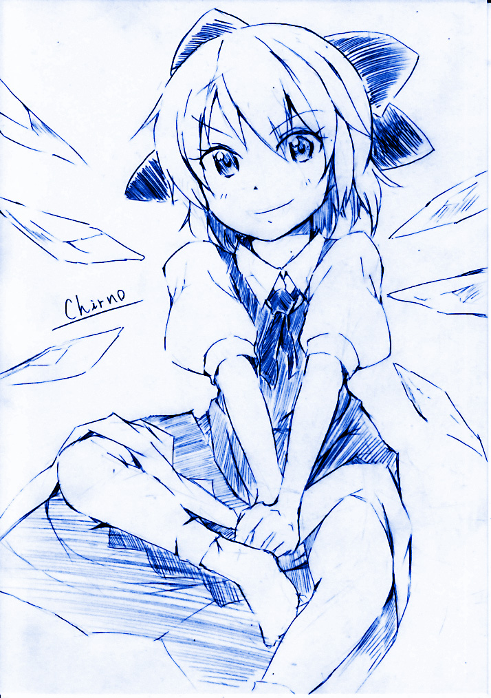 vent arbre, cirno, embodiment of scarlet devil, touhou, tagme, traditional media, blue theme, collared shirt, dress, head tilt, monochrome, pinafore dress, shirt, sleeveless dress, socks, solo