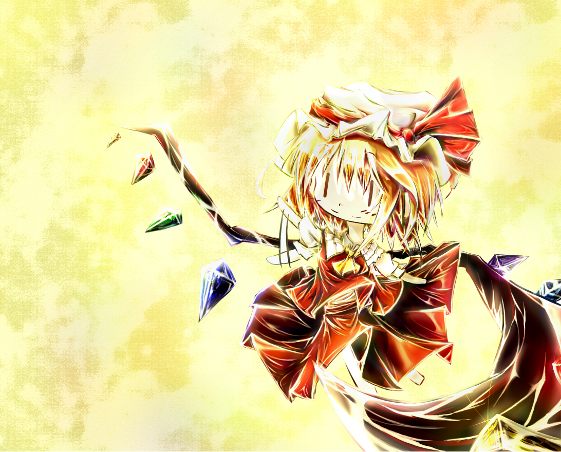 jun-1203, flandre scarlet, touhou, bad id, bad pixiv id, 1girl, blouse, chibi, female focus, hat, mob cap, shirt, solo, white hat, white shirt, yellow background, | |