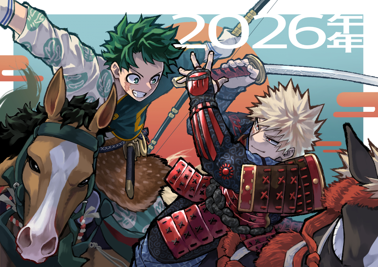 gold floss, bakugou katsuki, midoriya izuku, boku no hero academia, clothing request, commentary request, 2026, 2boys, alternate costume, animal, armor, blonde hair, egasumi, green eyes, green hair, grin, horse, horseback riding, japanese armor, japanese clothes, looking at another, male focus, multiple boys, red eyes, riding, scar, scar on face, short hair, smile, spiked hair
