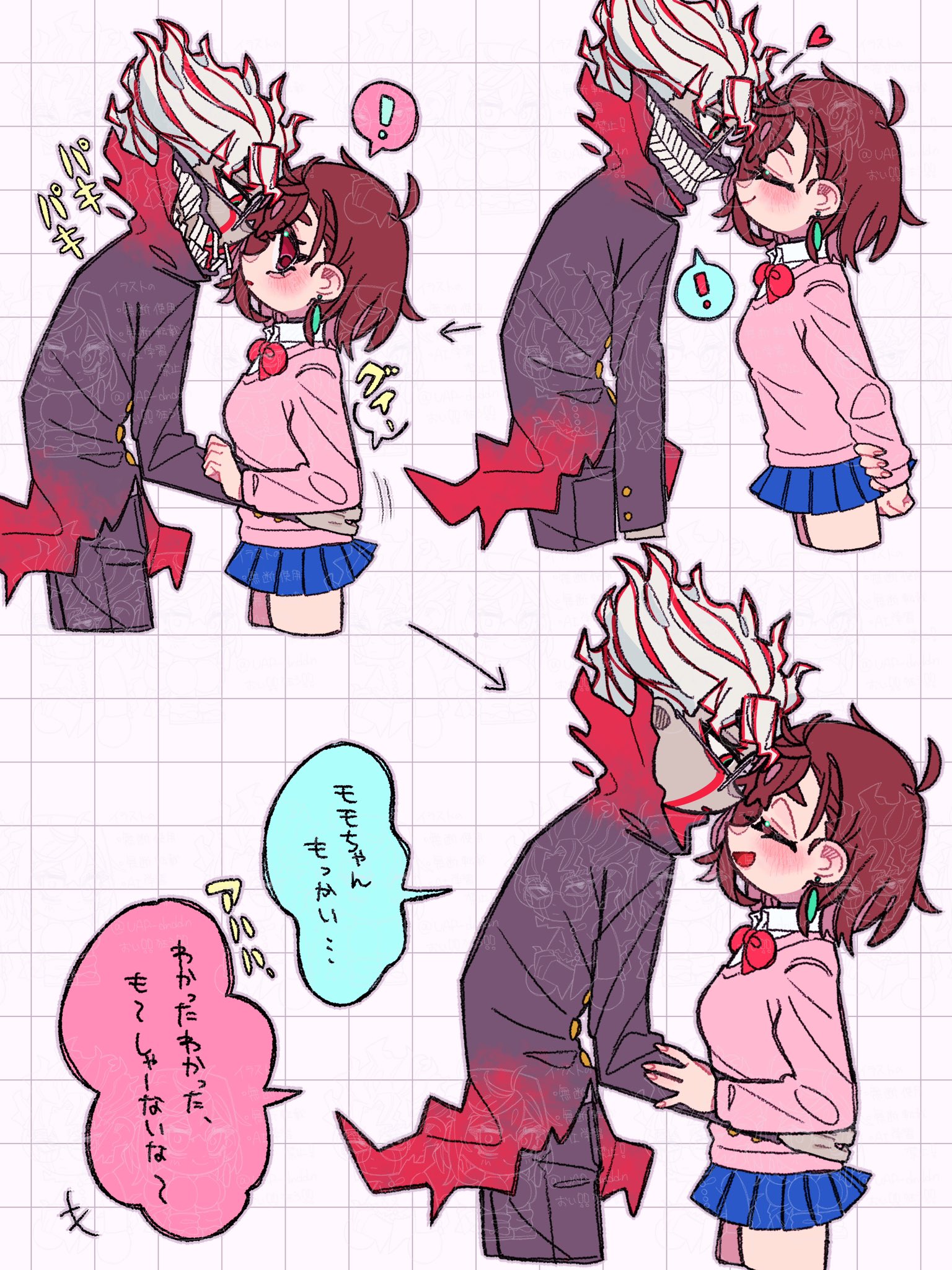 ayase momo, takakura ken (dandadan), takakura ken (transformed) (dandadan), dandadan, highres, !, 1boy, 1girl, arms behind back, black choker, black jacket, black pants, blue skirt, blush, bow, bowtie, breasts, brown hair, choker, closed eyes, closed mouth, collared shirt, colored skin, couple, cowboy shot, cropped legs, crossed bangs, earrings, gakuran, glass, gold buttons, grey skin, grid background, hair between eyes, hand on another's arm, hand on another's waist, hetero, imminent kiss, jacket, jewelry, leaning forward, looking at another, medium breasts, medium hair, multicolored hair, multiple views, pants, parted lips, pink sweater, pleated skirt, red bow, red bowtie, red eyes, red hair, school uniform, shirt, short hair, skirt, smile, spoken exclamation mark, streaked hair, sweater, teeth, uap dnddn, white hair, white shirt