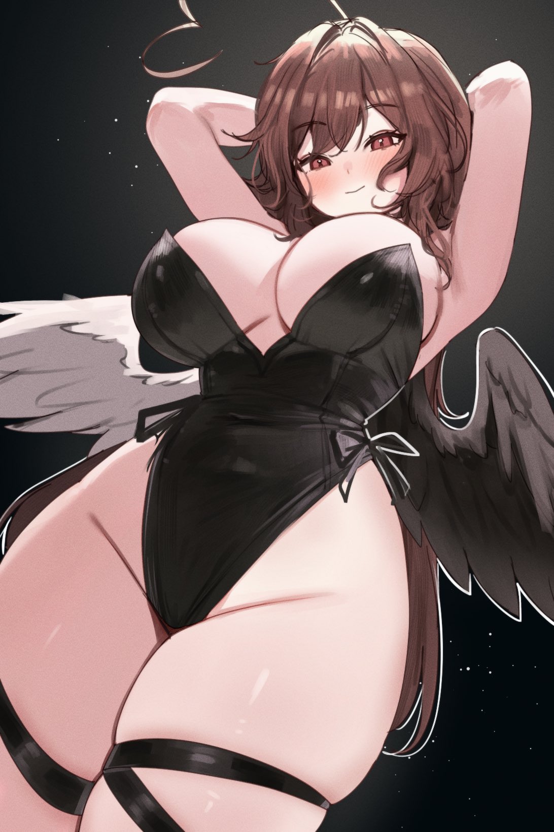 sky above me, sky above me (vtuber), indie virtual youtuber, commentary, english commentary, highres, ahoge, arms behind head, black leotard, blush, breasts, brown eyes, brown hair, feathered wings, from below, heart, heart ahoge, huge ahoge, large breasts, leotard, long hair, side-tie leotard, skindentation, thigh strap, thighs, virtual youtuber, wings