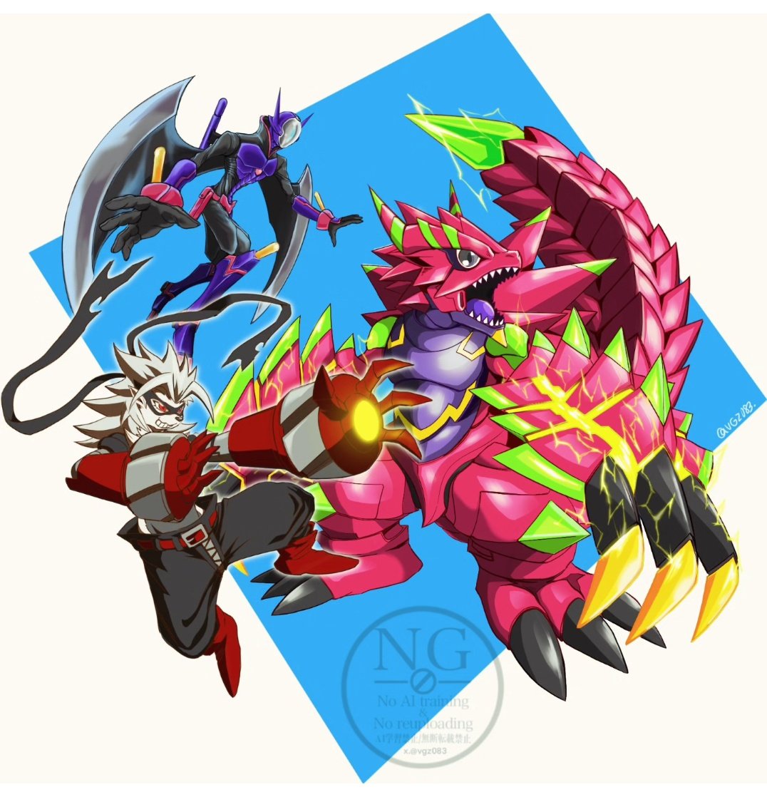 vgz083, armalizamon, wolvermon, digimon, digimon beatbreak, 1boy, 1girl, arm cannon, armor, black bodysuit, black pants, bodysuit, digimon (creature), electricity, eye mask, full body, gauntlets, grey eyes, group picture, helmet, lizard, mask, nightchiropmon, pants, pink armor, purple armor, sharp teeth, simple background, smirk, teeth, weapon