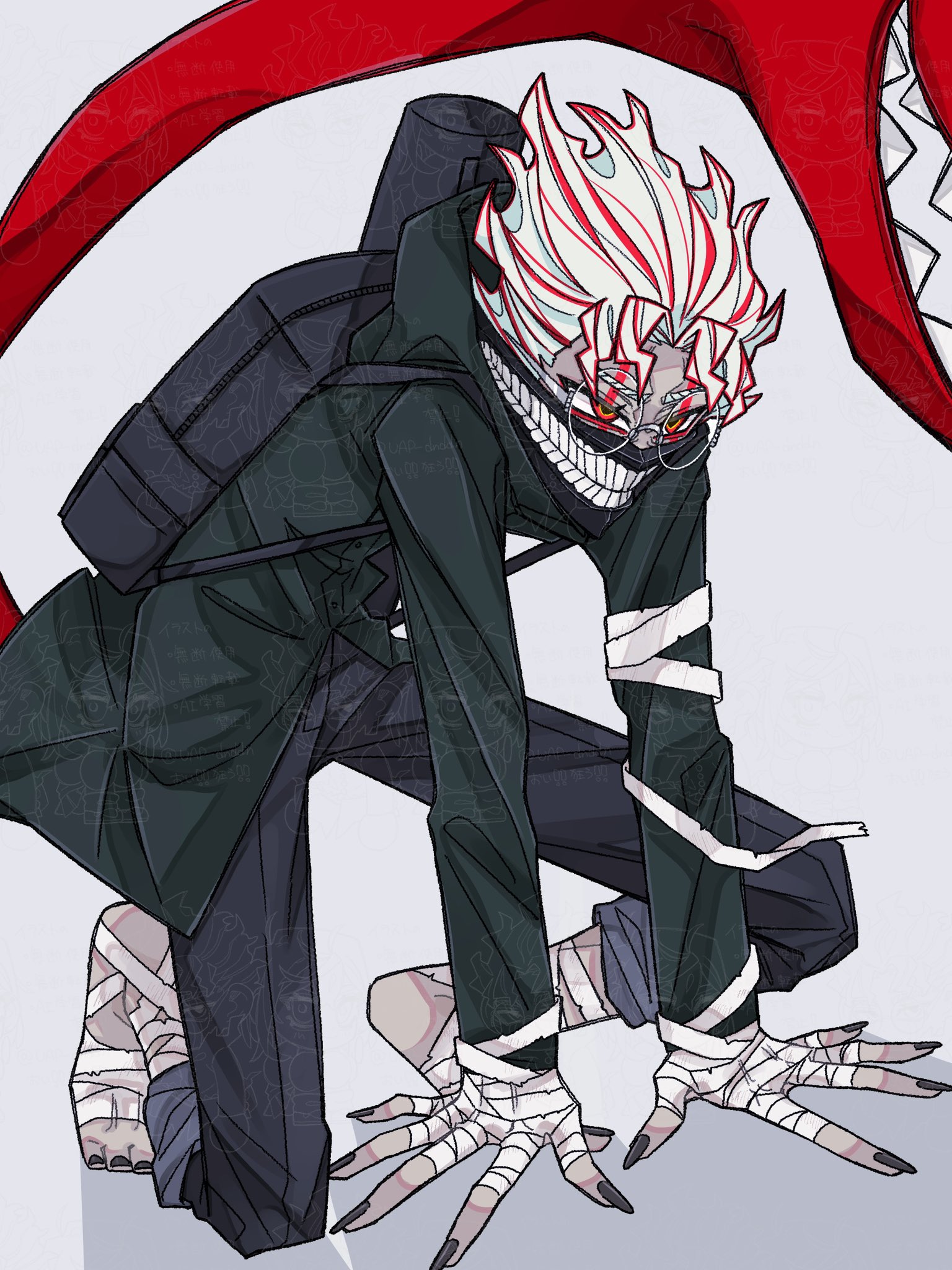 takakura ken (dandadan), takakura ken (transformed) (dandadan), dandadan, highres, 1boy, backpack, bag, bandaged foot, bandaged hand, bandages, barefoot, black bag, black jacket, black nails, black pants, facial hair, full body, glasses, jacket, male focus, nail polish, on one knee, pants, pants rolled up, parted bangs, red eyes, round eyewear, short hair, solo, teeth, toenail polish, toenails, uap dnddn, wavy hair, white hair
