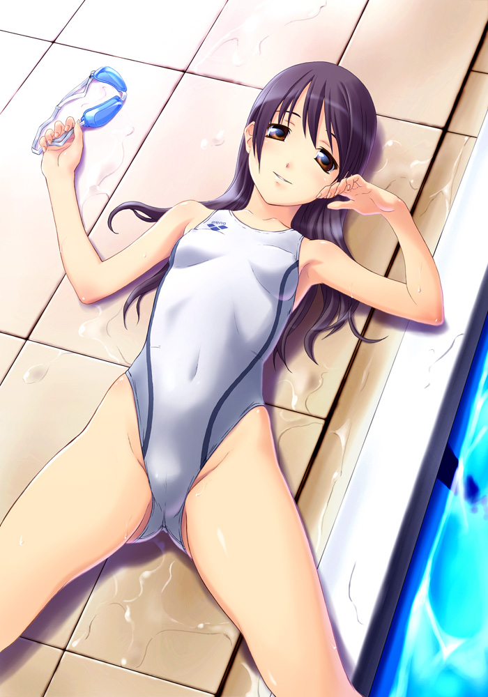 norizou type-r, arena (company), original, 1girl, armpits, breasts, brown hair, competition swimsuit, covered erect nipples, covered navel, female focus, from above, goggles, highleg, highleg one-piece swimsuit, legs, long hair, lying, on back, one-piece swimsuit, pool, poolside, purple eyes, small breasts, smile, solo, swimsuit, tiles, unworn goggles, wet