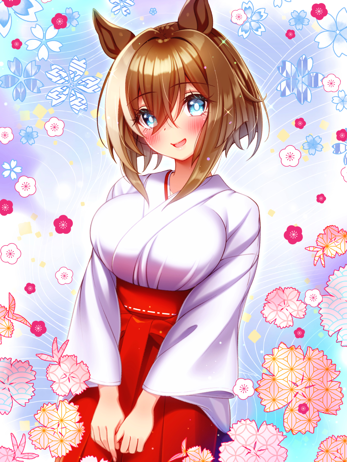 sugimotty nova, cheval grand (umamusume), umamusume, highres, 1girl, animal ears, blue eyes, blush, breasts, brown hair, flower, hair between eyes, hakama, hakama skirt, horse ears, horse girl, japanese clothes, kimono, large breasts, long hair, looking at viewer, miko, multicolored hair, open mouth, red hakama, skirt, smile, solo, streaked hair, white hair, white kimono