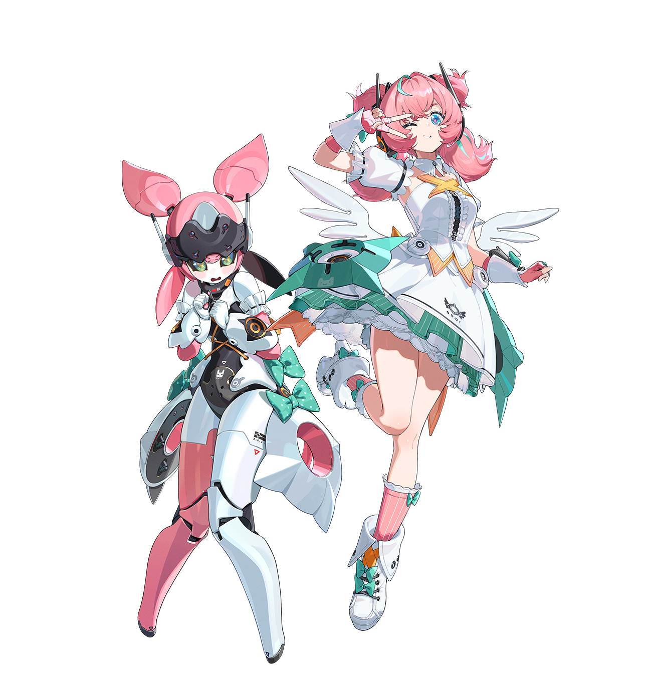 yutane johiel, zenless zone zero, highres, official art, 1girl, angel wings, blue eyes, blush, boots, detached collar, detached sleeves, dress, dual persona, fingerless gloves, full body, gloves, green eyes, green hair, headgear, headphones, high heel boots, high heels, humanoid robot, joints, long hair, looking at viewer, low twintails, mechanical arms, multicolored hair, one eye closed, open mouth, pink gloves, pink hair, pink socks, puffy short sleeves, puffy sleeves, robot, robot girl, robot joints, short dress, short sleeves, smile, socks, thighs, transparent background, twintails, v, white boots, white dress, wings, wrist cuffs