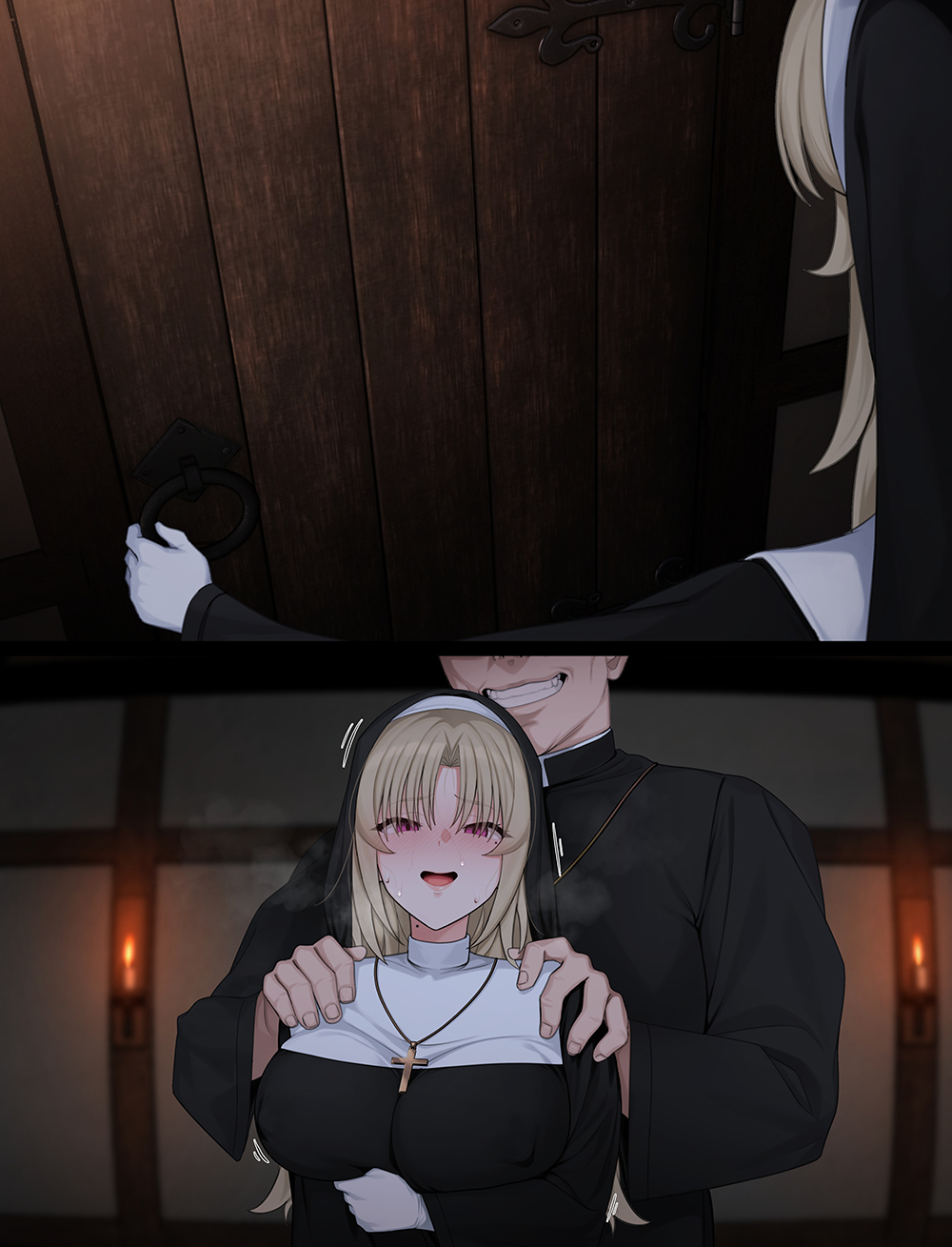 jjanda, original, highres, black robe, black veil, blonde hair, cross, cross necklace, curtained hair, jewelry, mole, mole under eye, necklace, nun, nun headdress, priest, purple eyes, robe, traditional nun, veil