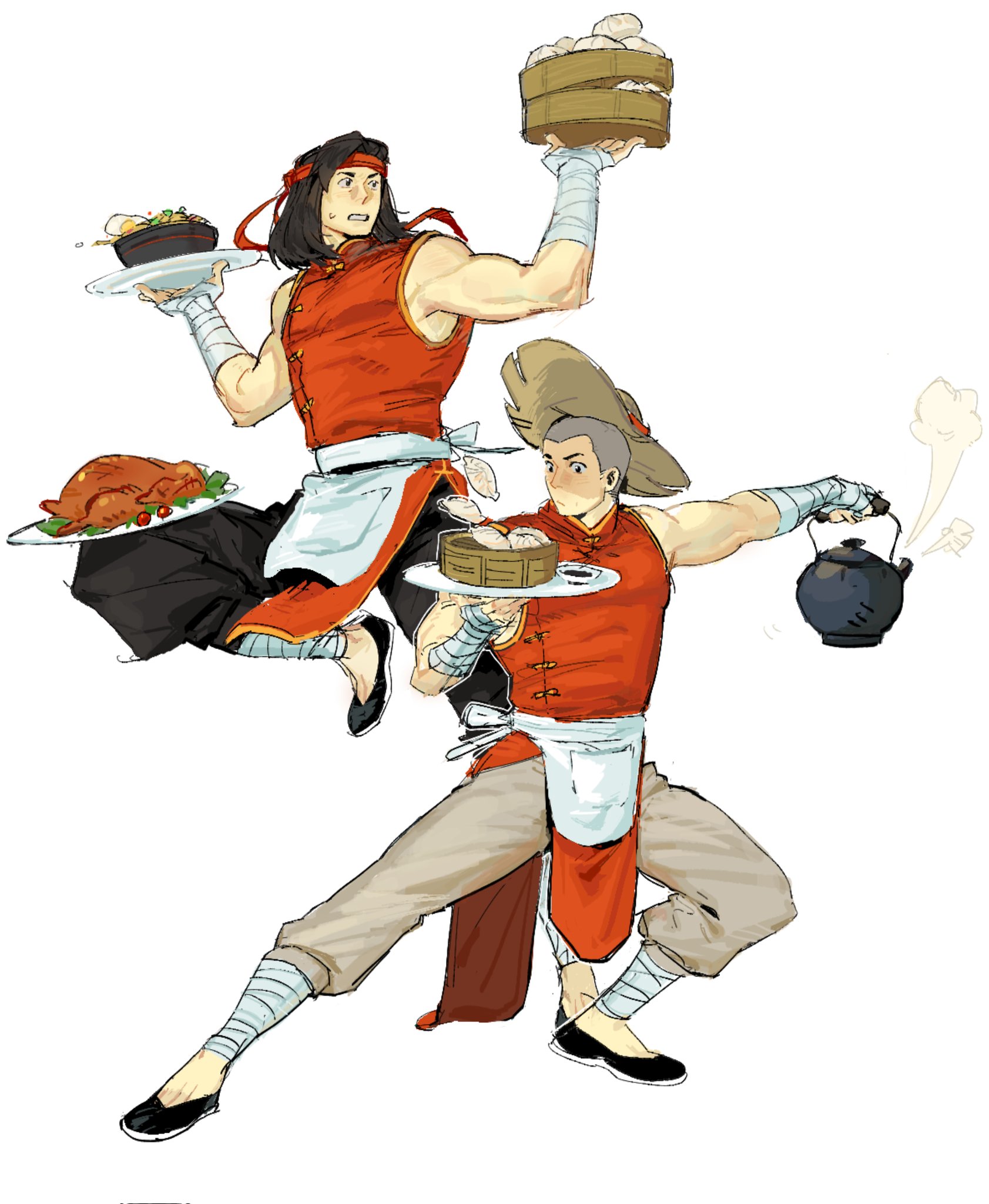kung lao, liu kang, mortal kombat (series), highres, 2boys, apron, balancing, bandaged ankle, bandaged hand, bandages, black hair, black pants, black shoes, brown hat, brown pants, buzz cut, chicken (food), china dress, chinese clothes, dress, enopth1102, flats, food, full body, hat, headband, holding, holding bamboo steamer, holding plate, holding teapot, looking at food, male focus, medium hair, multiple boys, muscular, muscular male, noodles, pants, plate, ramen, red dress, red headband, shaded face, shoes, short hair, simple background, sleeveless, sleeveless dress, standing, standing on one leg, steamed bun, straw hat, teapot, very short hair, waist apron, white apron, white background