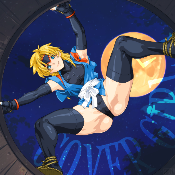 qkat (arikawa-dou), racheal, martial champion, paid reward available, 1girl, black gloves, black leotard, black thighhighs, blonde hair, blue eyes, blue kimono, breasts, cameltoe, climbing, covered erect nipples, elbow gloves, fingerless gloves, forehead protector, from below, full moon, gloves, headband, highleg, highleg leotard, japanese clothes, kimono, leotard, long hair, looking at viewer, moon, night, ninja, sandals, sash, short kimono, sky, small breasts, smile, solo, spread legs, star (sky), starry sky, tabi, thighhighs, thighs, undersuit