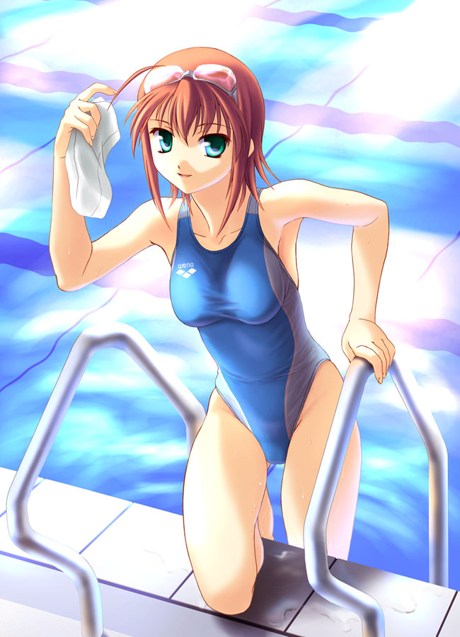 norizou type-r, suzumiya akane, arena (company), kimi ga nozomu eien, 00s, 1girl, armpits, brown hair, competition swimsuit, female focus, goggles, goggles on head, green eyes, legs, one-piece swimsuit, pool, pool ladder, short hair, solo, swimsuit