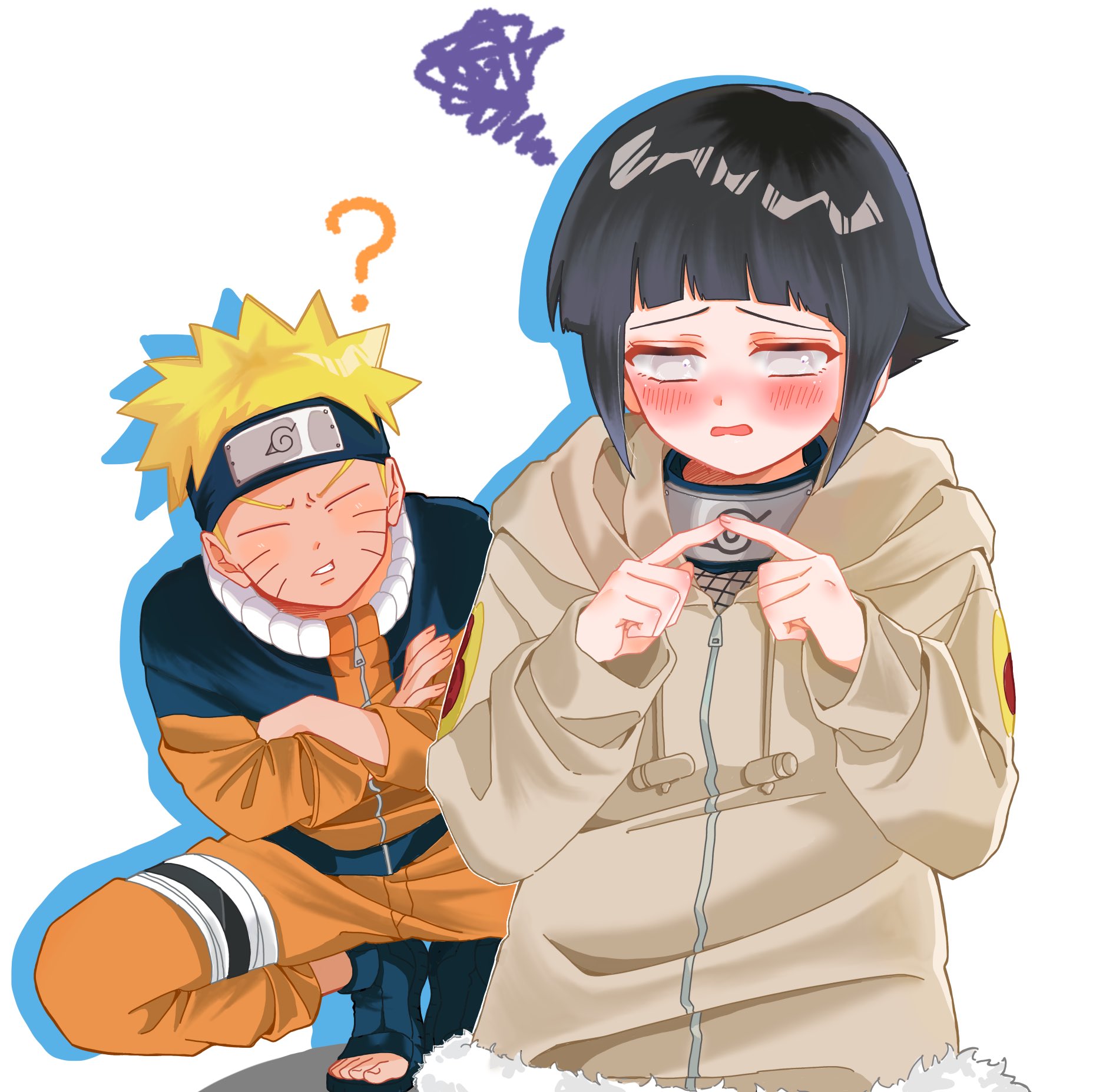 hyuuga hinata, uzumaki naruto, naruto (classic), naruto (series), highres, 1boy, 1girl, ?, black hair, blonde hair, blush, closed eyes, facial mark, forehead protector, grey jacket, jacket, nara17325159213, nervous, orange jacket, orange pants, pants, short hair, simple background, squatting, whisker markings, white background, white eyes