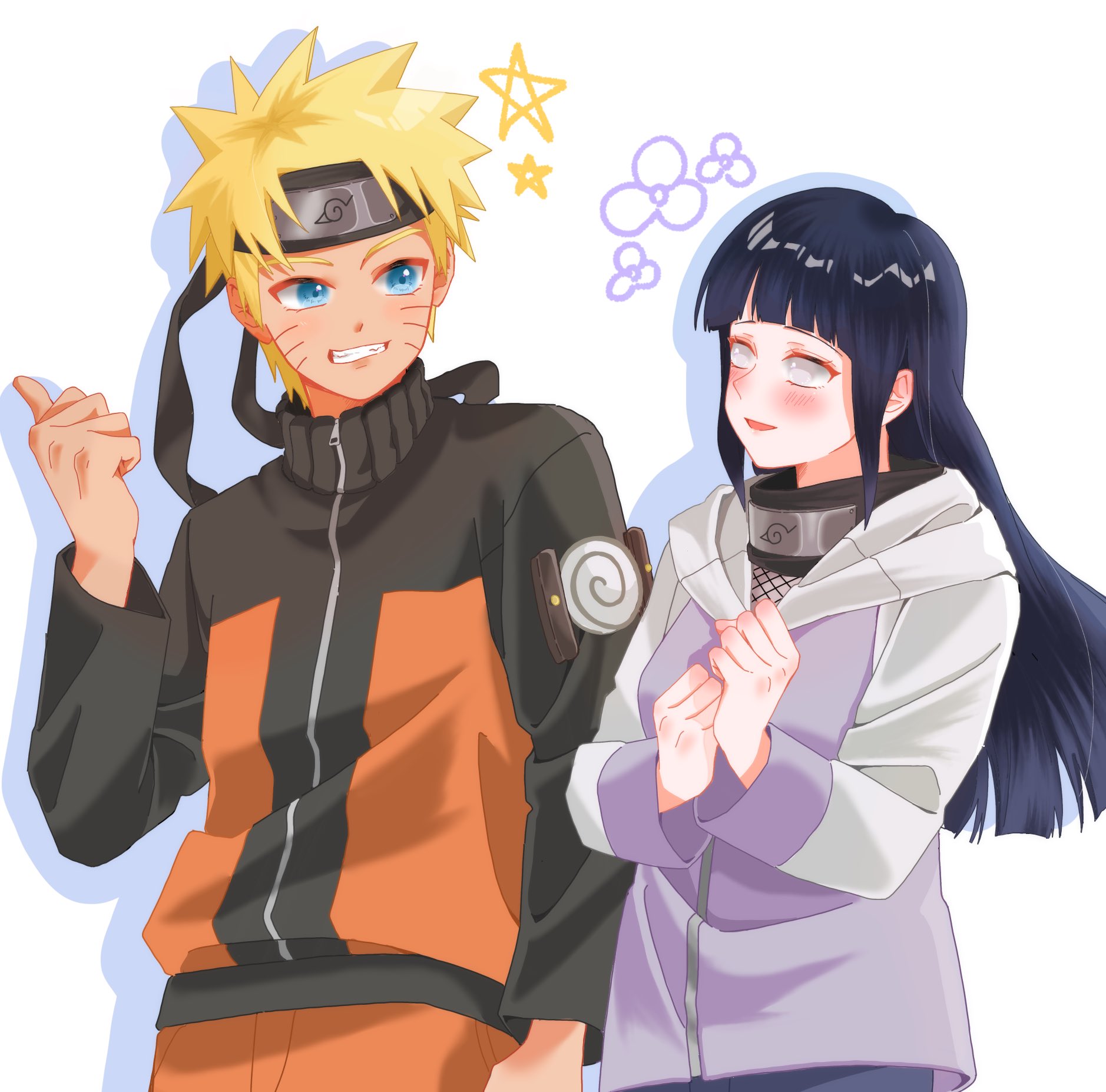 hyuuga hinata, uzumaki naruto, naruto (series), naruto shippuuden, highres, 1boy, 1girl, black hair, black jacket, blonde hair, blue eyes, blush, cowboy shot, facial mark, jacket, long hair, nara17325159213, orange jacket, parted lips, purple jacket, short hair, simple background, smile, whisker markings, white background, white eyes, white jacket