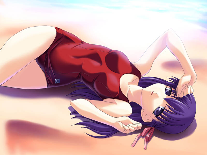 norizou type-r, matou sakura, fate/stay night, fate (series), 00s, 1girl, alternate costume, arm up, beach, breasts, clenched hands, competition swimsuit, crossed legs, day, female focus, from above, hair ribbon, long hair, looking at viewer, lying, lyng, ocean, on back, on ground, one-piece swimsuit, outdoors, parted lips, purple eyes, purple hair, red one-piece swimsuit, ribbon, school swimsuit, small breasts, solo, swimsuit, water