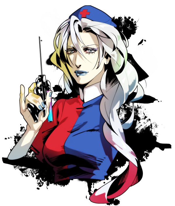 fugi jis, yagokoro eirin, touhou, silver hair, bad link, 1girl, blue lips, blue nails, braid, female focus, lipstick, makeup, nail polish, solo, syringe