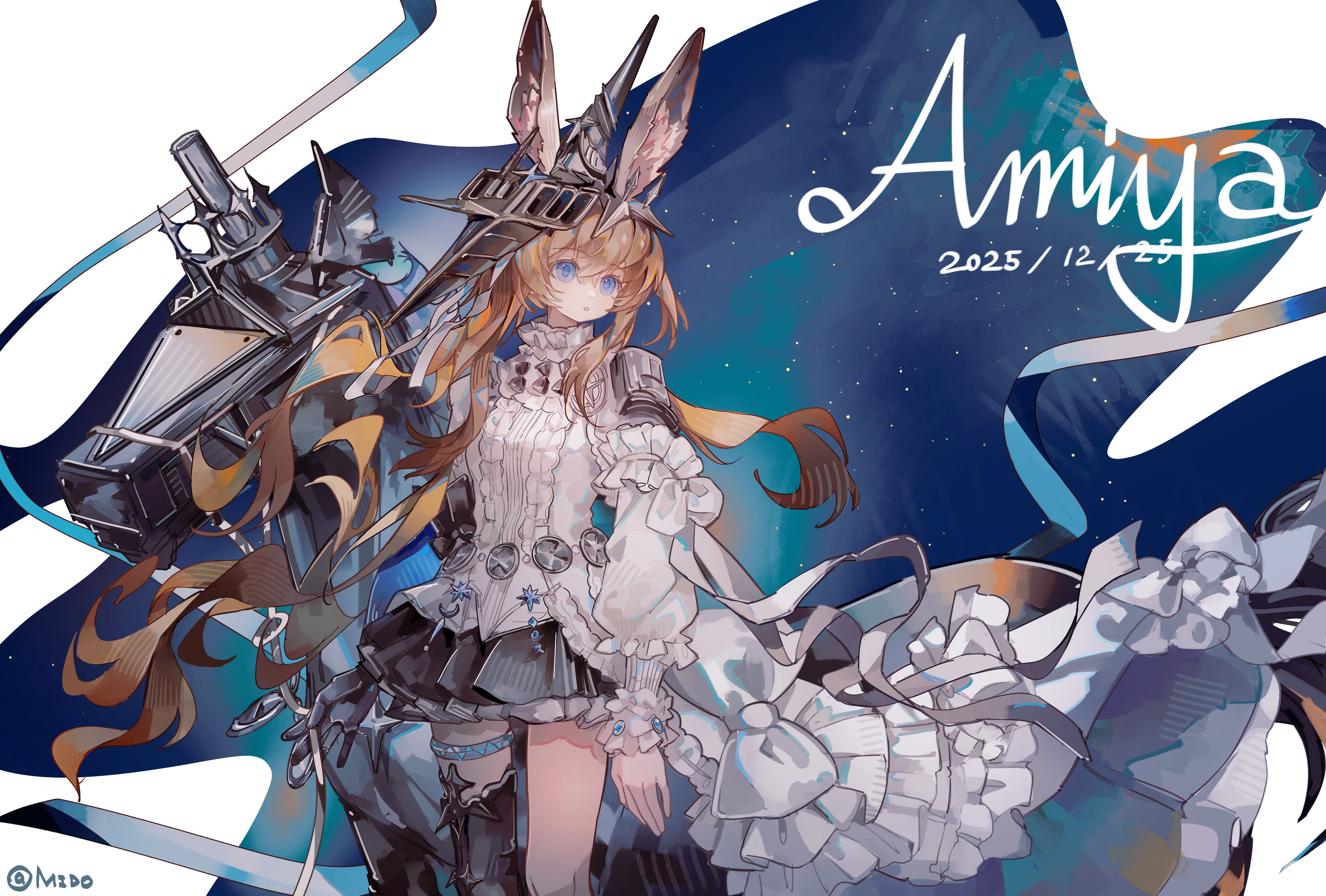mido (mido chen), amiya (arknights), amiya (guard) (arknights), arknights, absurdres, chinese commentary, commentary request, highres, 1girl, amiya (guard) (in a myriad of universes) (arknights), animal ear fluff, animal ears, black skirt, blue eyes, brown hair, character name, dated, frills, gauntlets, long hair, miniskirt, official alternate costume, open mouth, rabbit ears, rabbit girl, shirt, single gauntlet, skirt, solo, white shirt