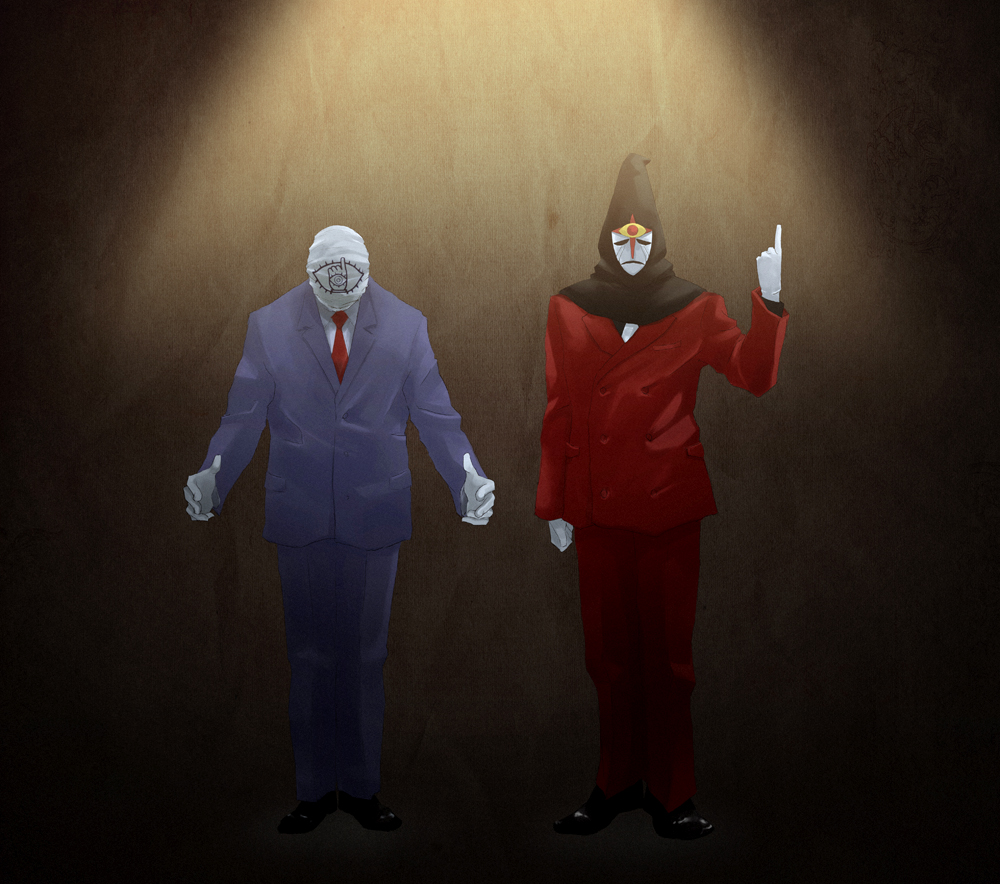 r (azmr), gargoyle (nadia), tomodachi (20th century boys), 20th century boys, fushigi no umi no nadia, 1990s (style), 2boys, formal clothes, gloves, mask, multiple boys, retro artstyle, white gloves